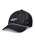 Alpinestars Tyler Hat, cappellino da baseball nero snapback, visiera curva con bordo in corda intrecciata bianca, logo a stella bianco ricamato in 3D, corona bassa non strutturata, abbigliamento sportivo casual