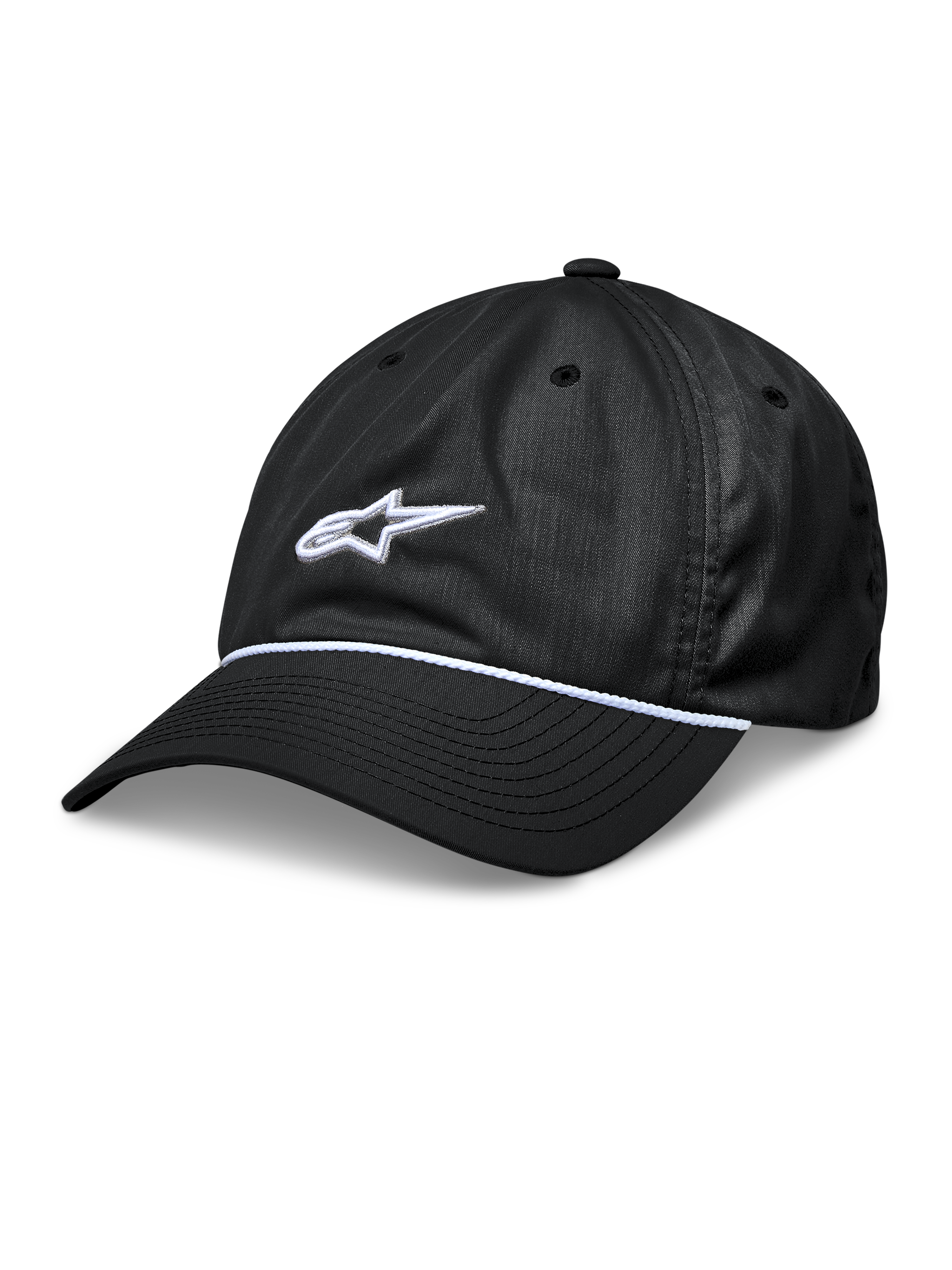 Alpinestars Tyler Hat, cappellino da baseball nero snapback, visiera curva con bordo in corda intrecciata bianca, logo a stella bianco ricamato in 3D, corona bassa non strutturata, abbigliamento sportivo casual