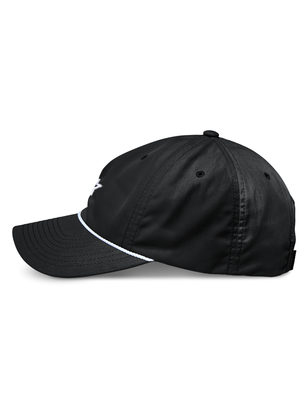 Cappello Alpinestars Tyler, berretto da baseball snapback nero, vista laterale di profilo, con visiera curva e finitura in corda intrecciata bianca, corona bassa non strutturata, realizzato in twill riciclato, design casual ispirato al motorsport
