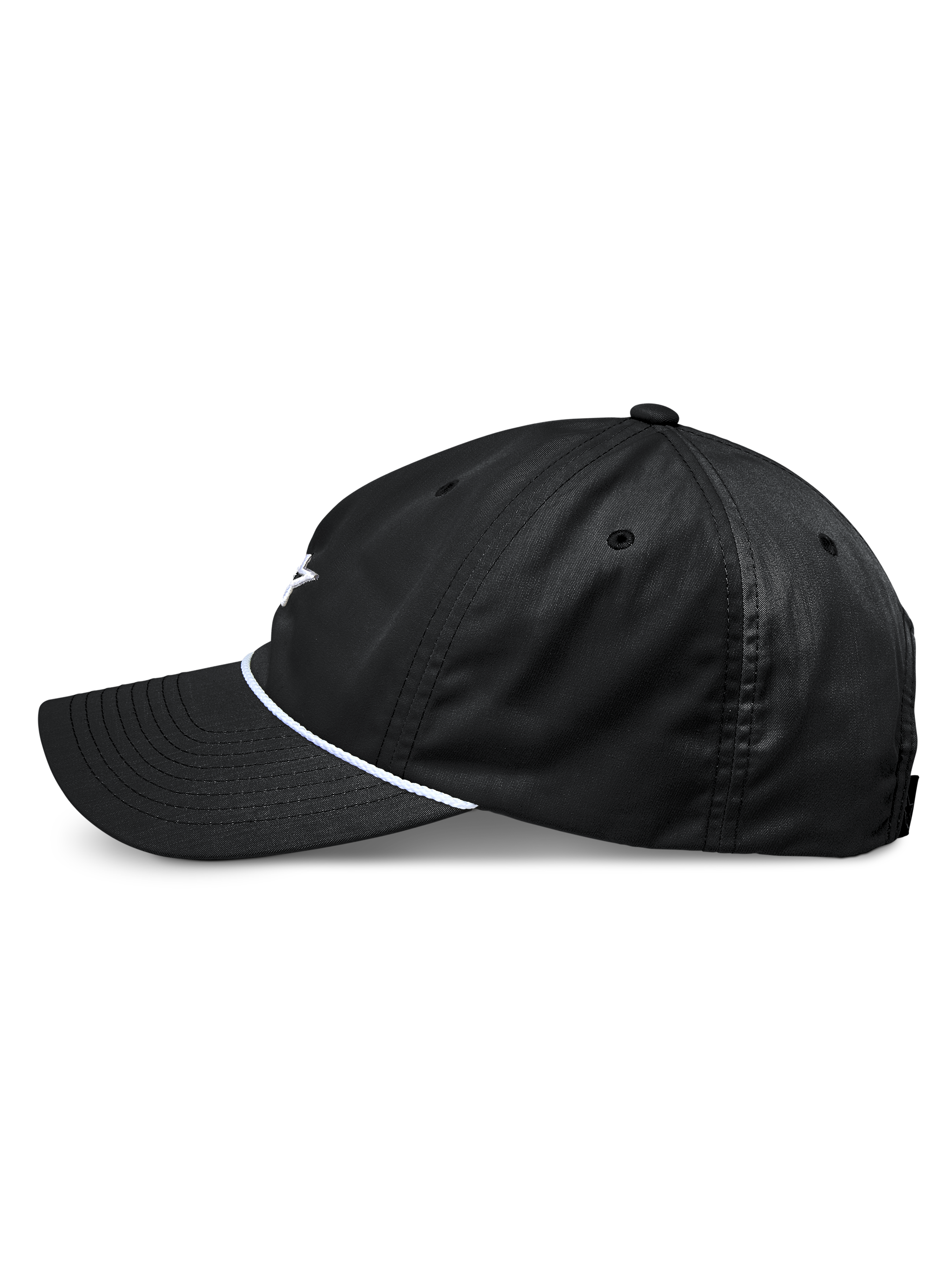 Cappello Alpinestars Tyler, berretto da baseball snapback nero, vista laterale di profilo, con visiera curva e finitura in corda intrecciata bianca, corona bassa non strutturata, realizzato in twill riciclato, design casual ispirato al motorsport