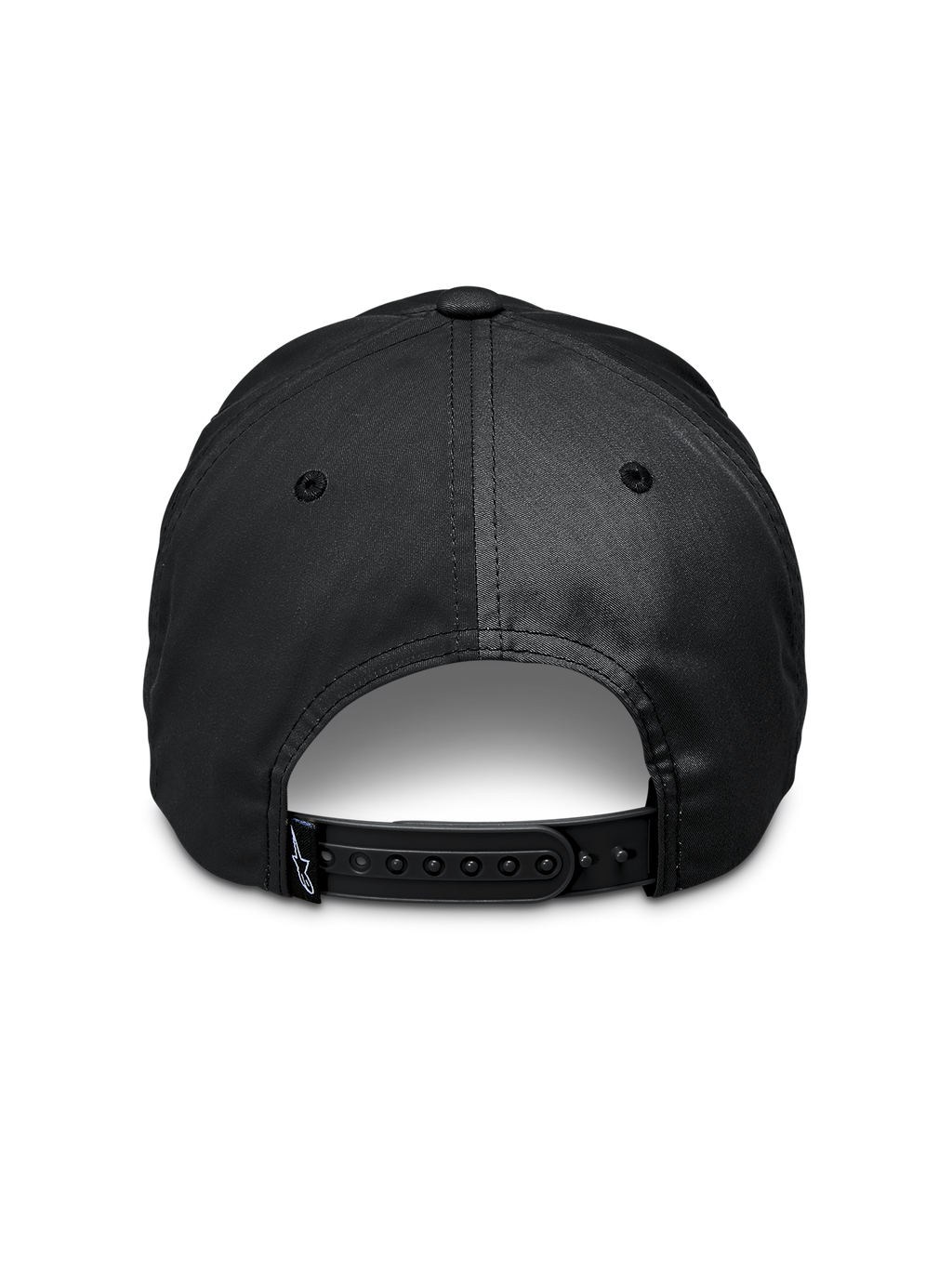 Cappello Alpinestars Tyler, nero, vista posteriore con chiusura snapback regolabile, piccola etichetta con logo sul cinturino, twill di poliestere riciclato, accessorio sportswear casual