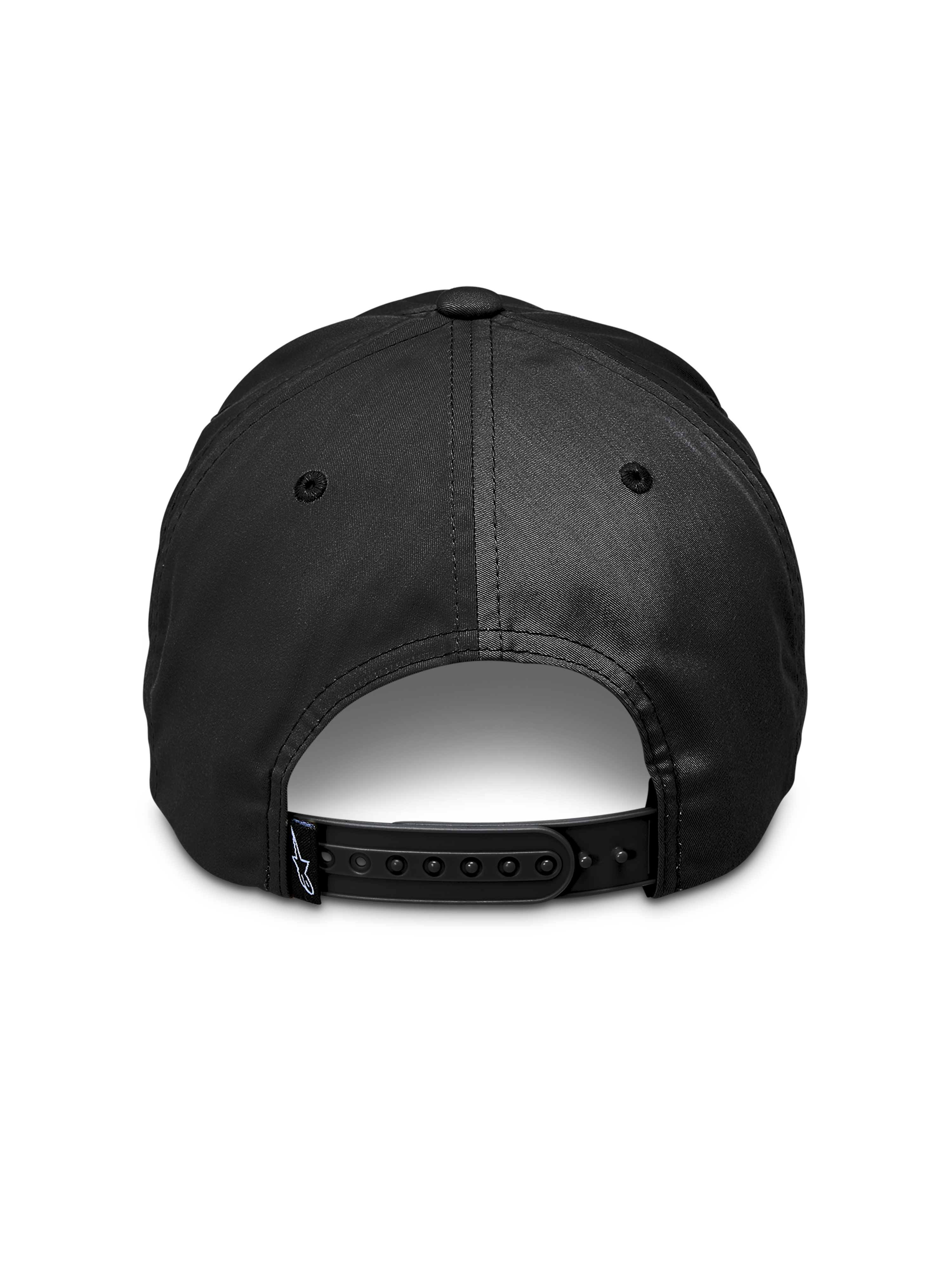 Cappello Alpinestars Tyler, nero, vista posteriore con chiusura snapback regolabile, piccola etichetta con logo sul cinturino, twill di poliestere riciclato, accessorio sportswear casual