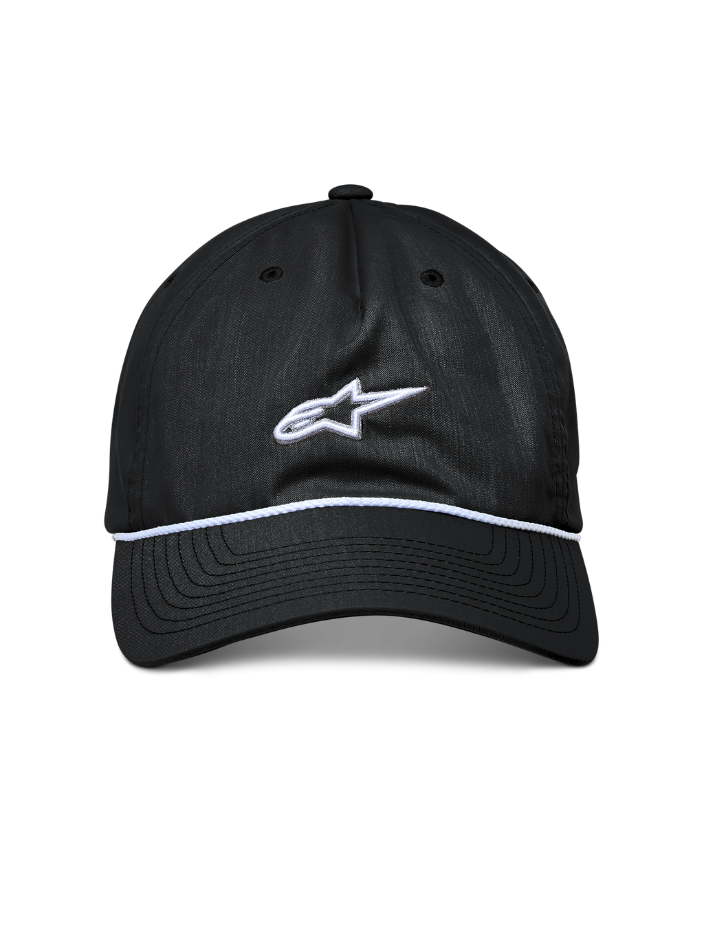 Alpinestars Cappello Tyler, cappello snapback nero, visiera curva con rifinitura in corda intrecciata bianca, logo Astars ricamato bianco, abbigliamento sportivo casual