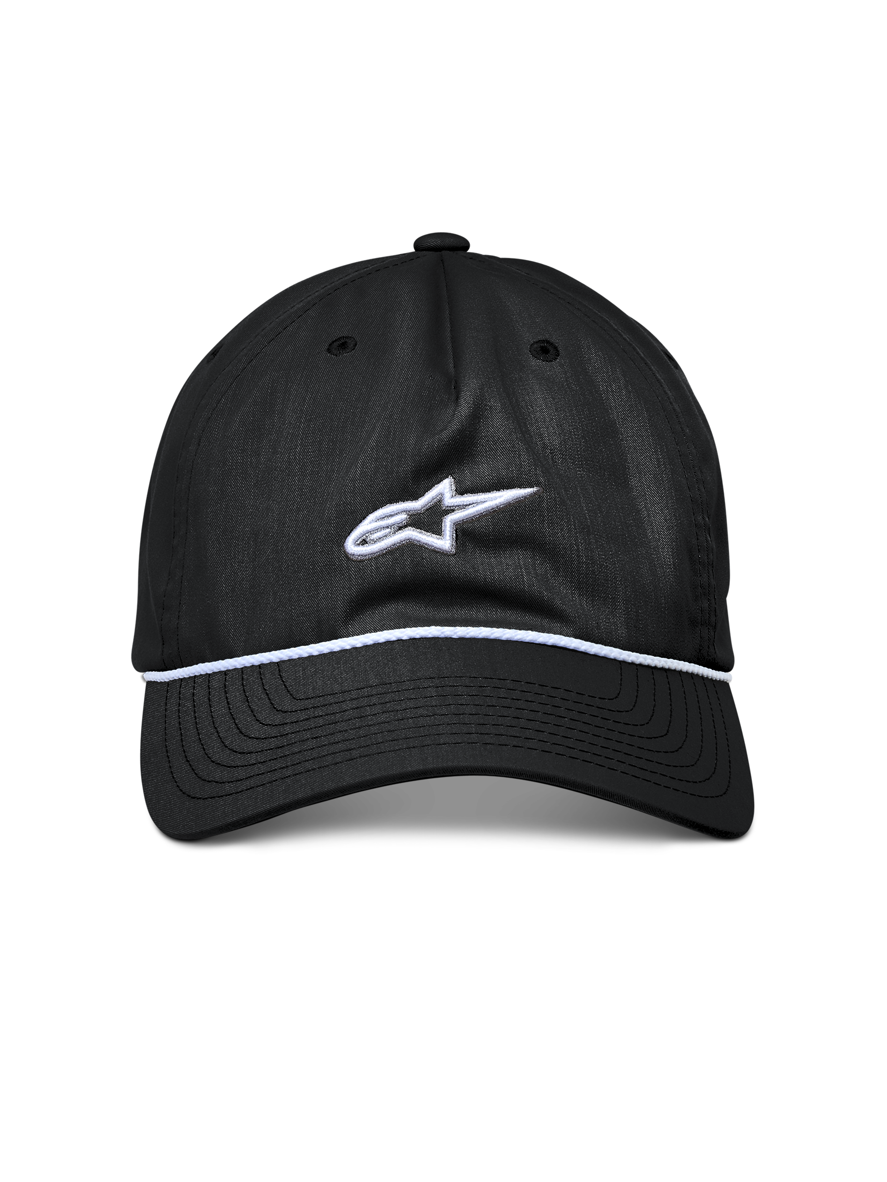 Alpinestars Cappello Tyler, cappello snapback nero, visiera curva con rifinitura in corda intrecciata bianca, logo Astars ricamato bianco, abbigliamento sportivo casual