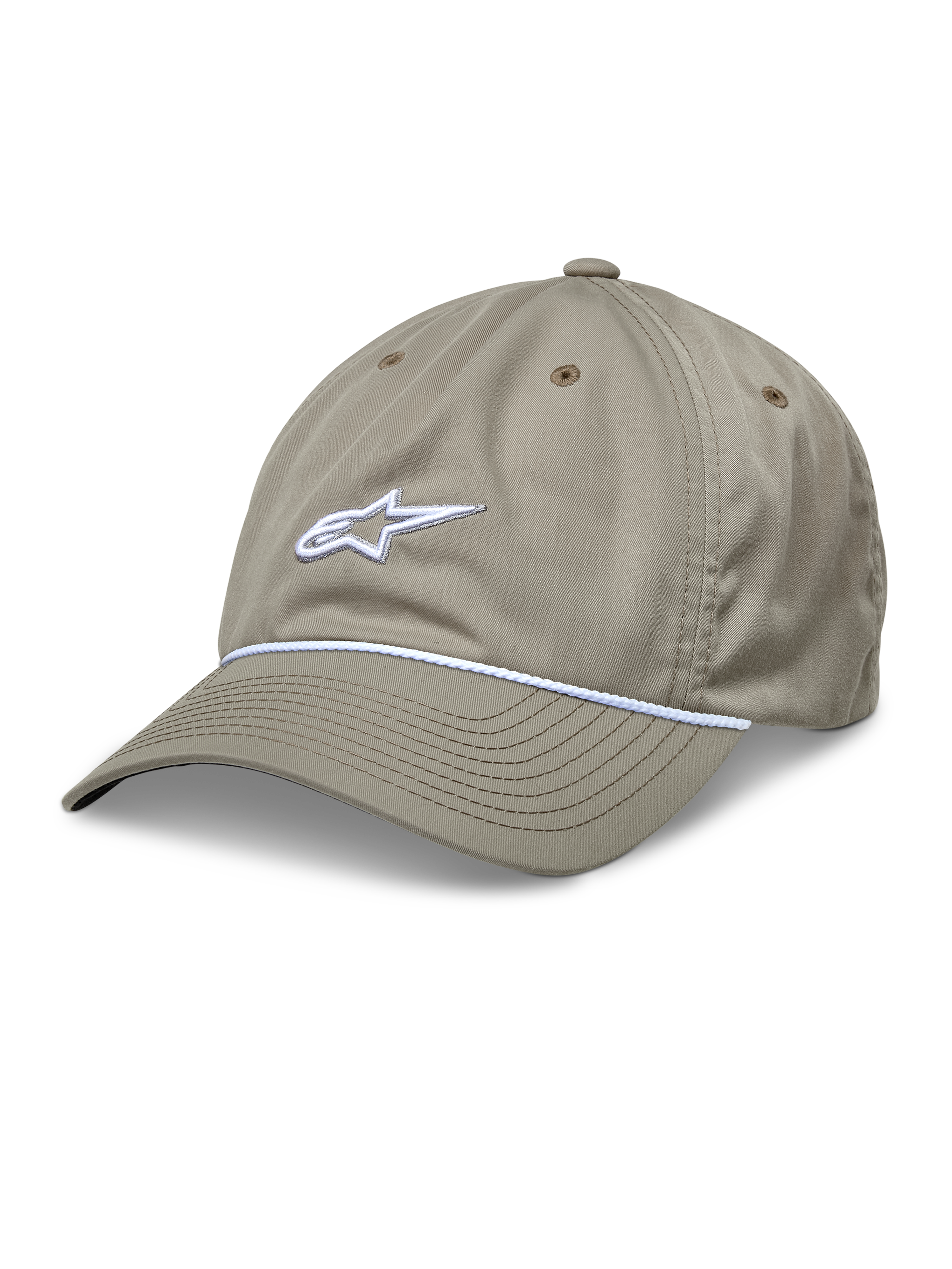 Alpinestars Tyler Hat, cappellino da baseball kaki con logo bianco ricamato in 3D e rifinitura in corda intrecciata bianca, corona bassa non strutturata con visiera curva, costruzione a sei pannelli in twill riciclato con fori di ventilazione.