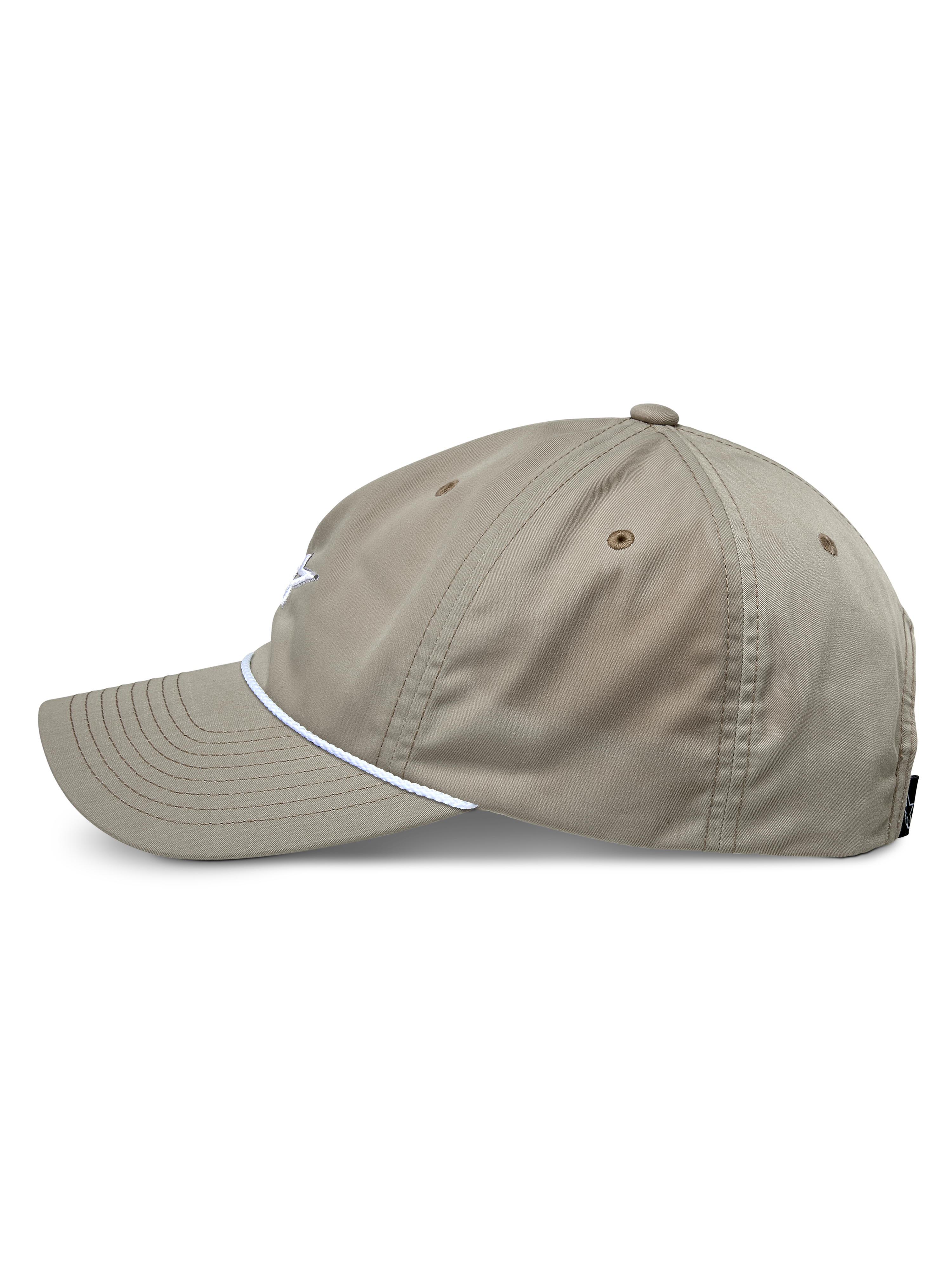 Cappello Alpinestars Tyler, Khaki, profilo laterale con visiera curva e finitura in corda intrecciata bianca, cappello a corona bassa non strutturata, sportswear casual