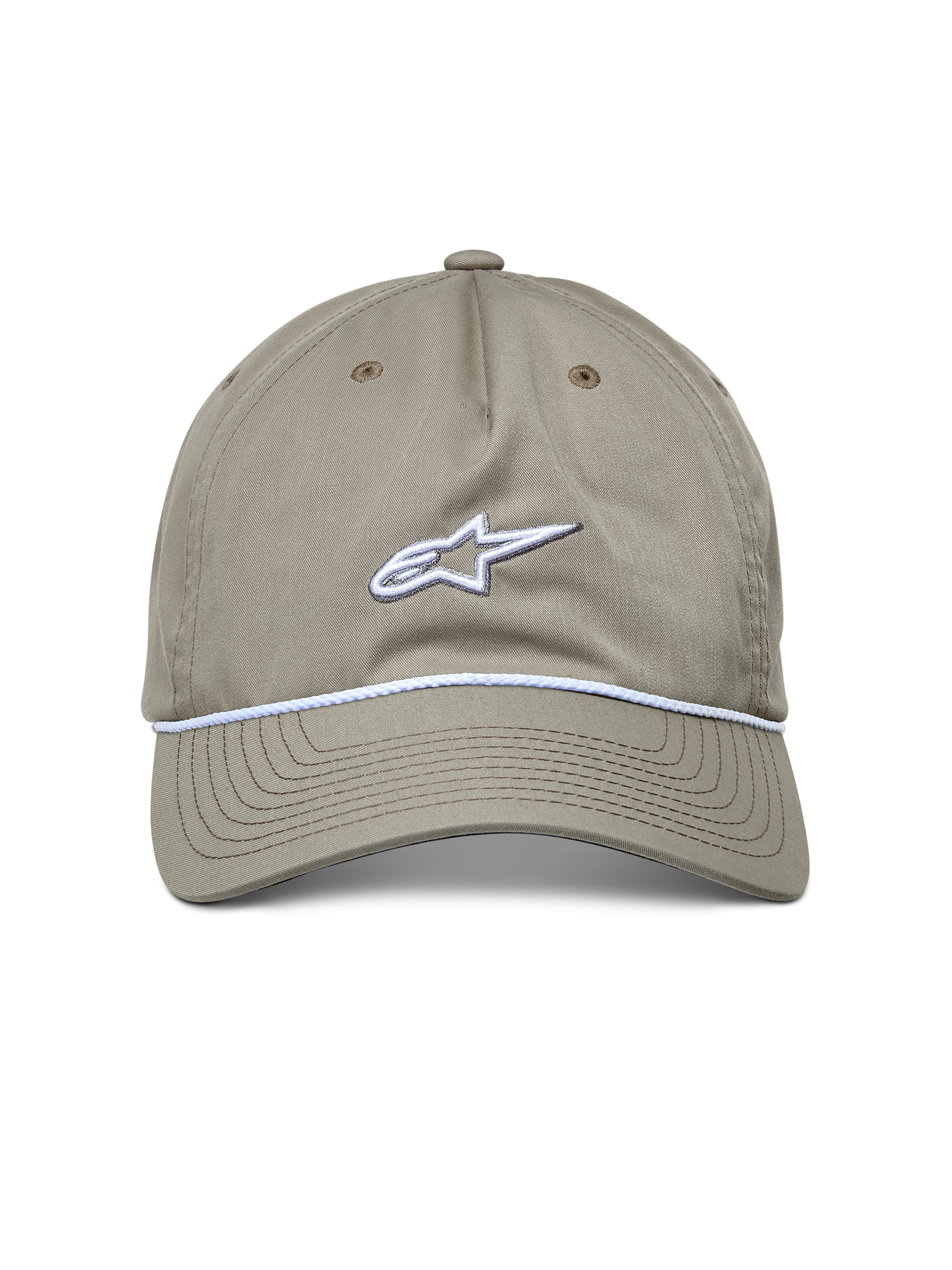 Alpinestars Cappello Tyler, cappello casual sportivo, khaki, vista frontale con logo ricamato bianco e finitura in corda intrecciata, visiera curva, design con corona bassa non strutturata