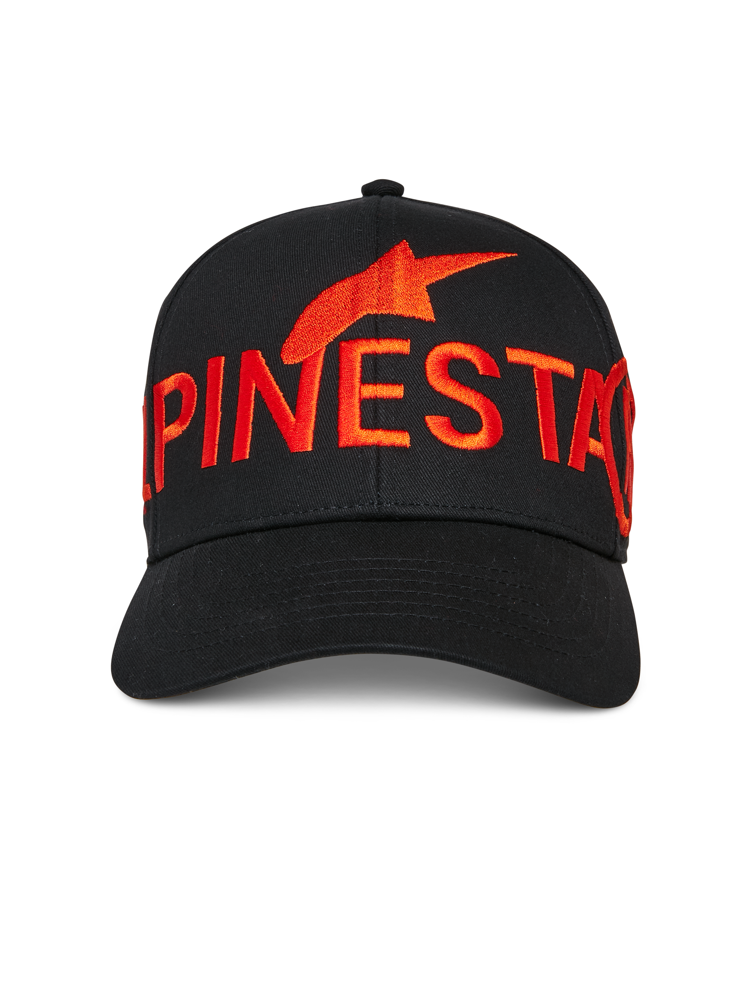 Cappello Alpinestars Committed, cappellino da baseball snapback nero, grande logo e scritta Alpinestars ricamati in rosso sul davanti, visiera curva, corona strutturata, streetwear casual ispirato al motorsport