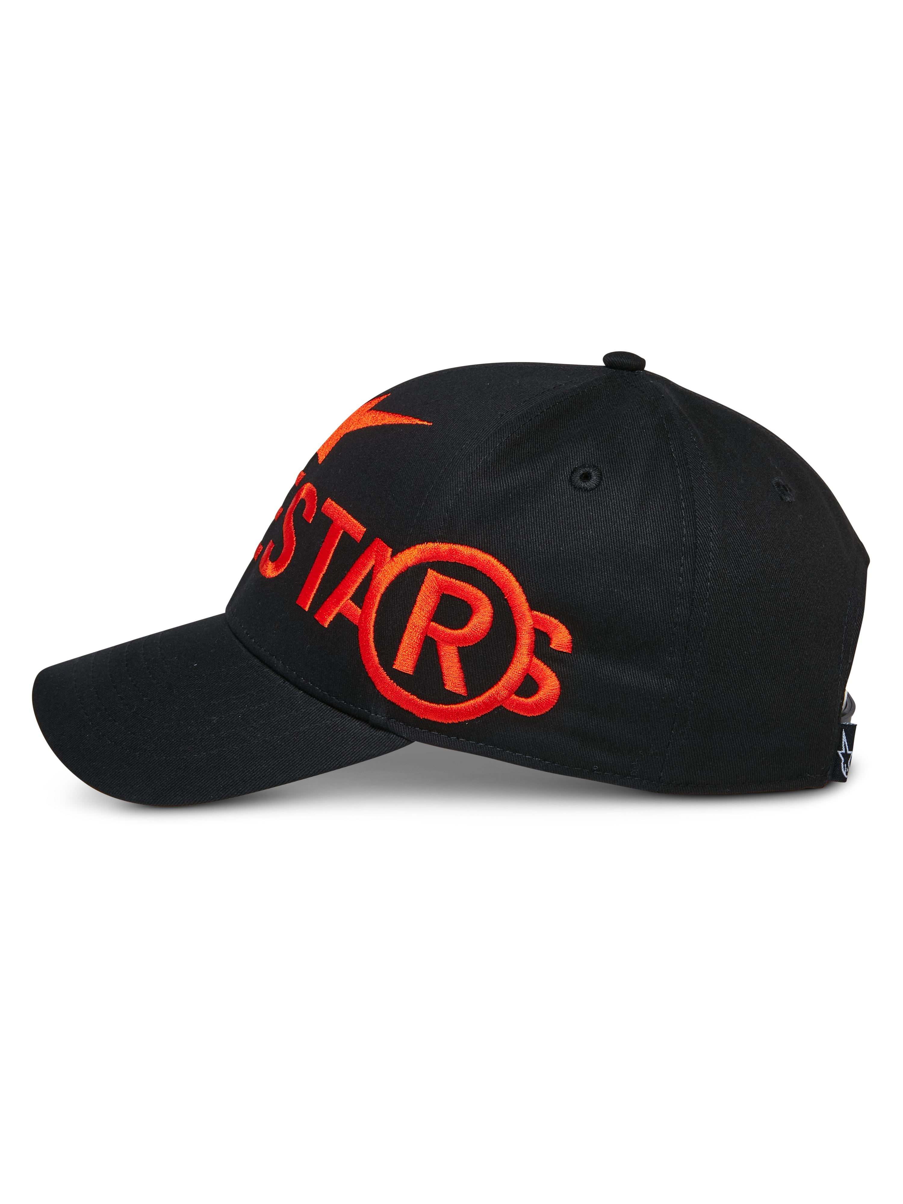 Cappello Alpinestars Committed, nero, berretto da baseball snapback, vista laterale con grande logo ricamato piatto arancione, corona strutturata con visiera curva, accessorio lifestyle motorsport casual