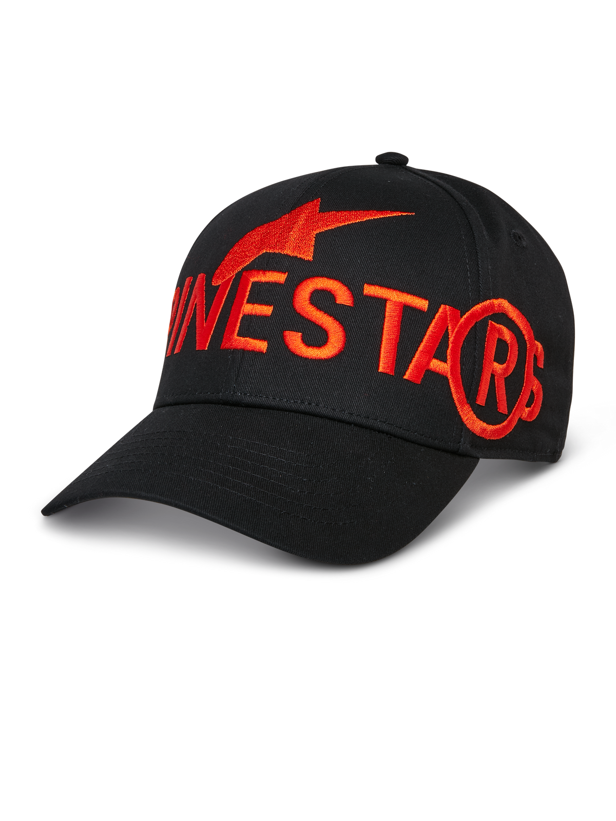 Cappello Alpinestars Committed, cappello da baseball nero, grande logo e simbolo della stella ricamati in rosso, visiera curva, corona strutturata, copricapo casual sportivo lifestyle