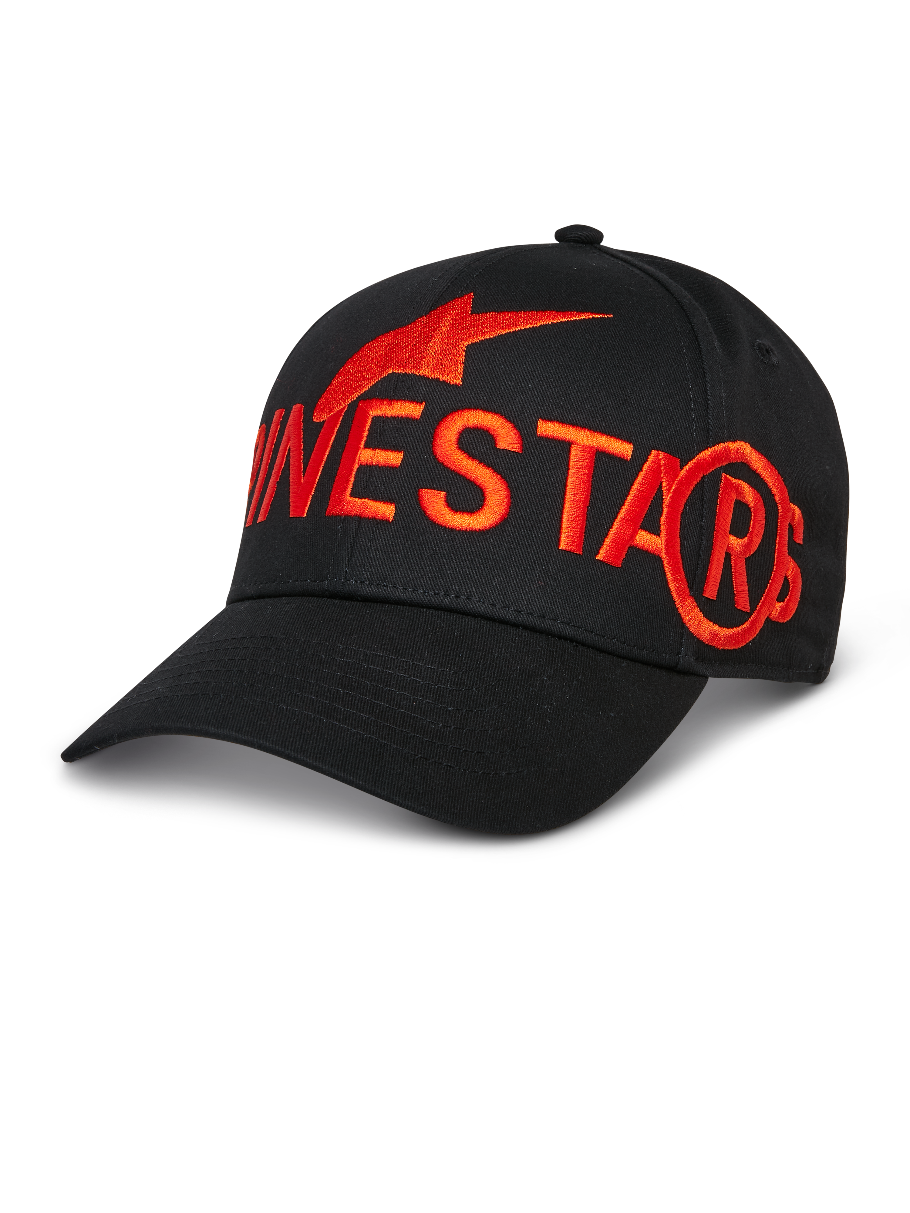 Cappello Alpinestars Committed, cappello da baseball nero, grande logo e simbolo della stella ricamati in rosso, visiera curva, corona strutturata, copricapo casual sportivo lifestyle