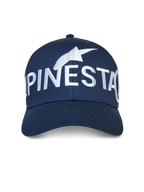 Cappello Alpinestars Committed, blu navy, berretto da baseball snapback, con un grande logo Alpinestars ricamato in bianco sul davanti, corona strutturata con visiera curva, streetwear casual motorsport