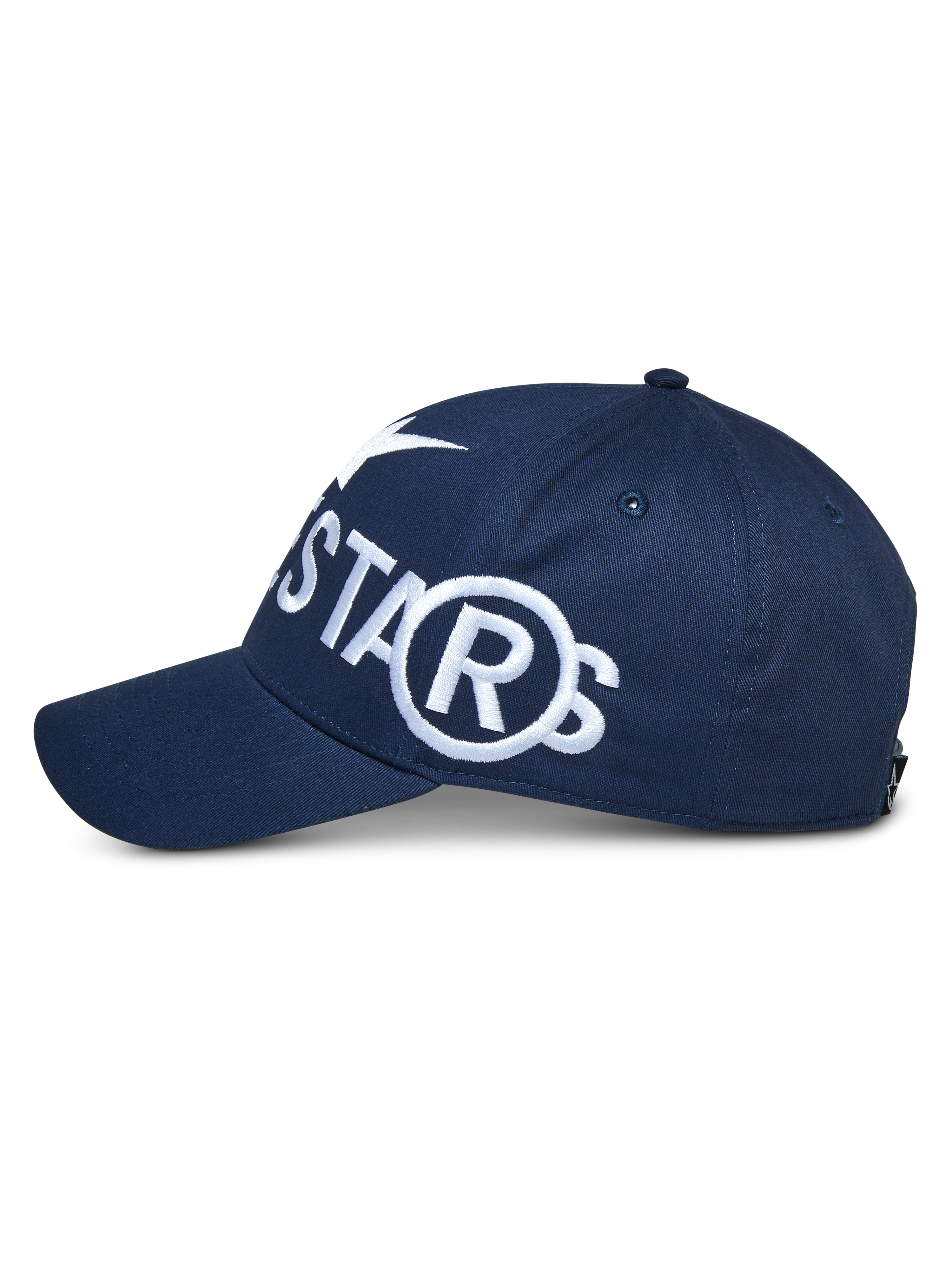 Cappello Alpinestars Committed, snapback blu navy, vista laterale con grande logo ricamato bianco, visiera curva e corona strutturata, abbigliamento sportivo casual