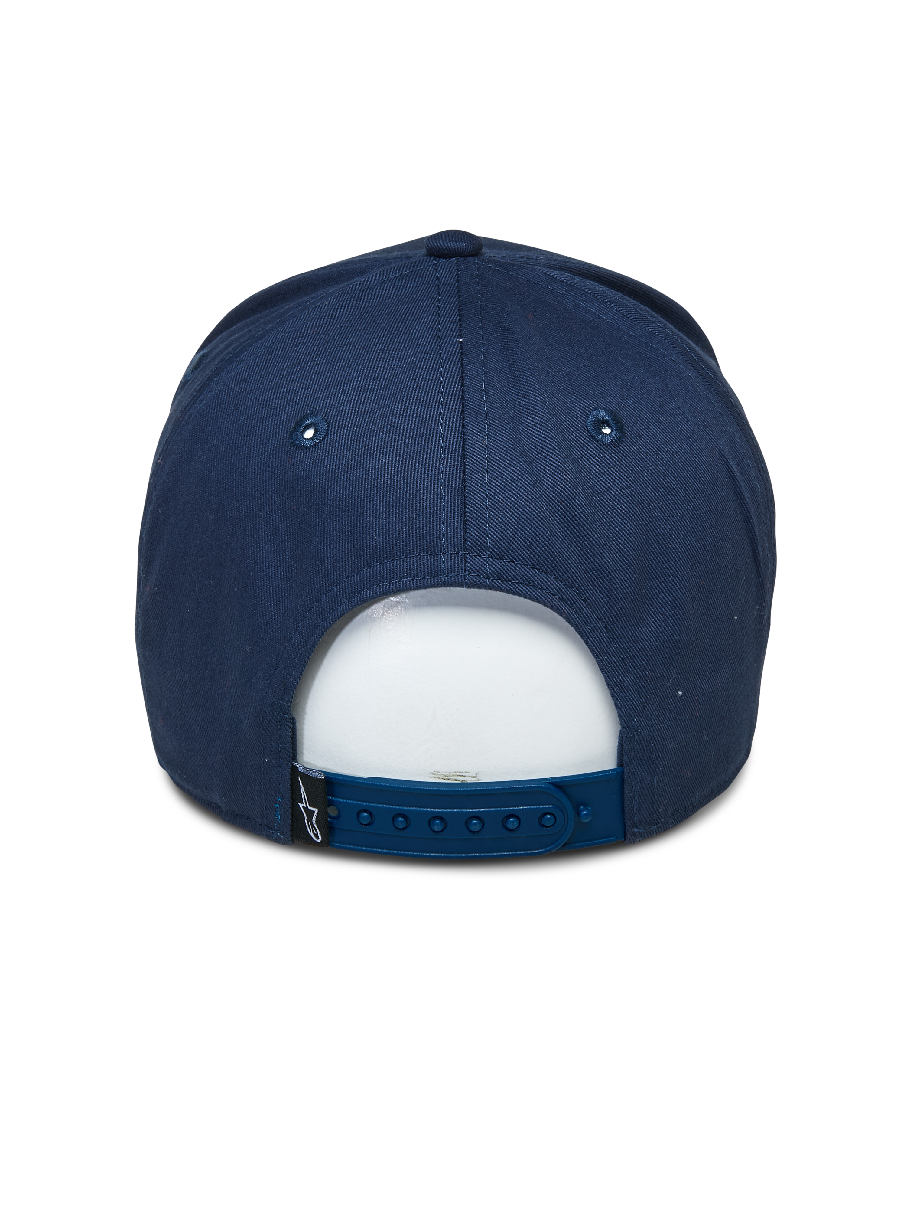 Cappello Alpinestars Committed, blu navy, berretto da baseball snapback, vista posteriore, con chiusura regolabile in plastica e piccola etichetta nera con logo, copricapo casual ispirato al motorsport