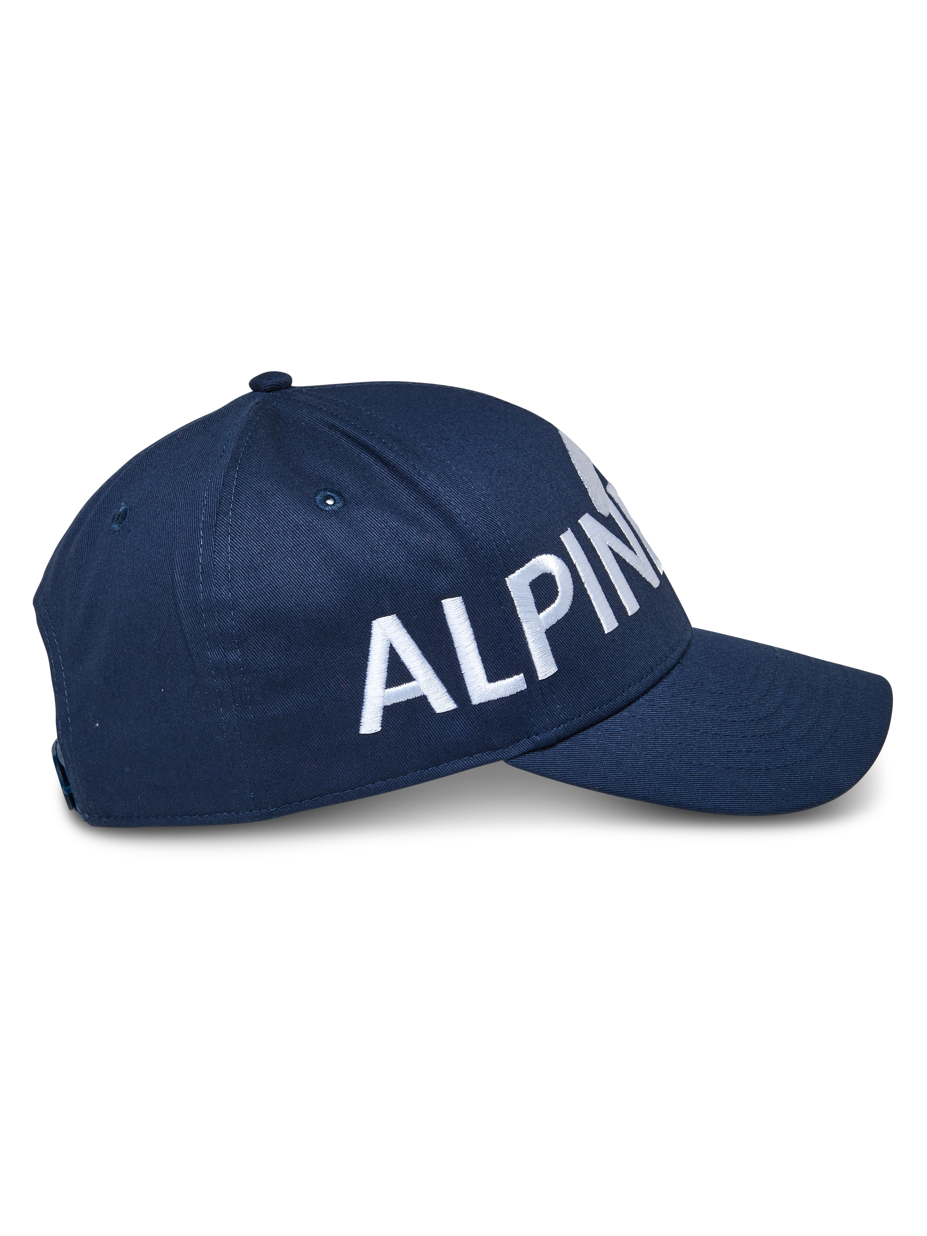Alpinestars Committed Hat, cappellino da baseball snapback, blu navy, vista laterale con grande logo bianco ricamato, corona strutturata con visiera curva, tessuto twill resistente, copricapo casual motorsport