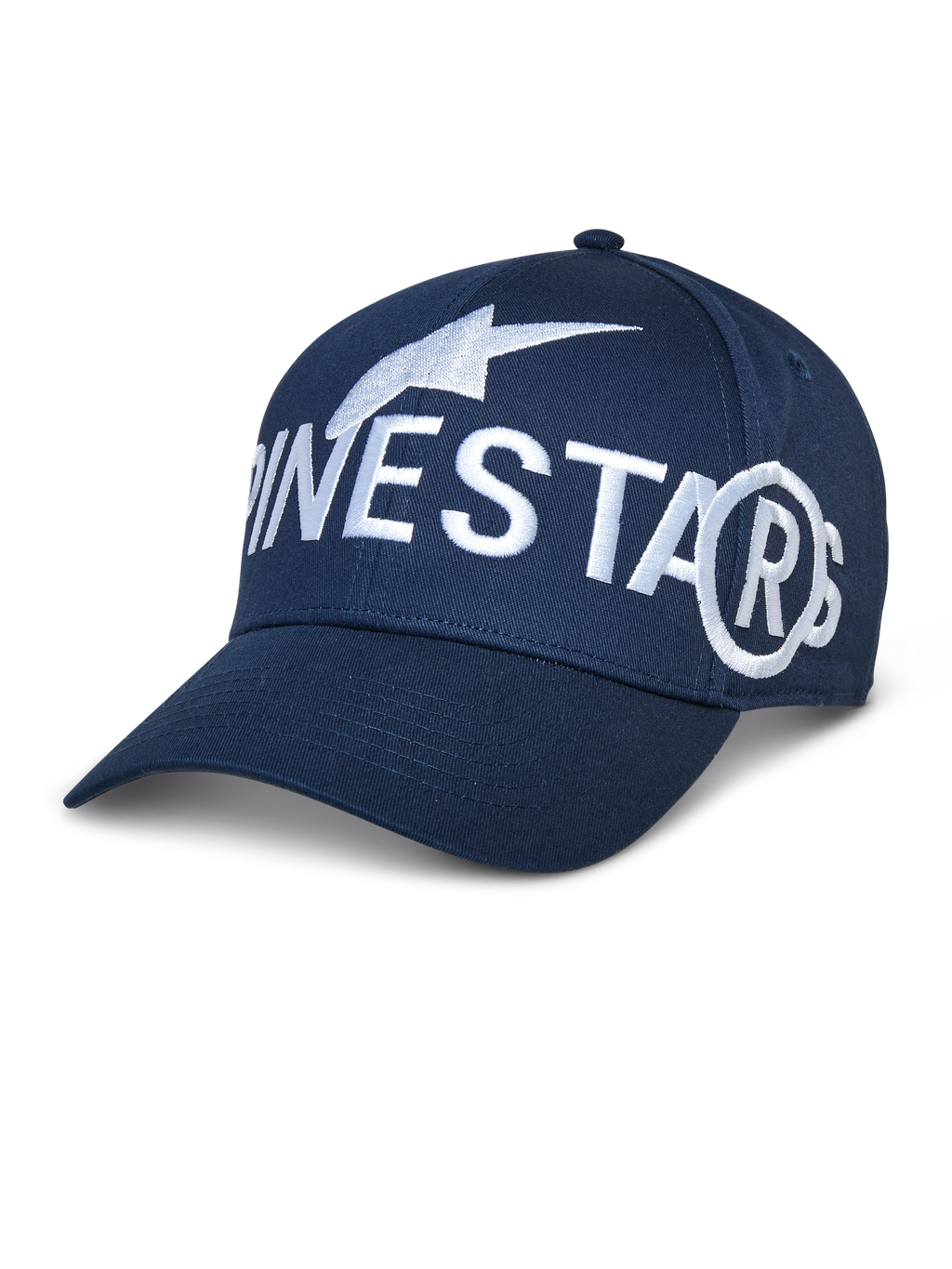 Alpinestars Committed Hat, cappellino da baseball blu navy con grande logo bianco ricamato, visiera curva, corona strutturata, abbigliamento sportivo casual
