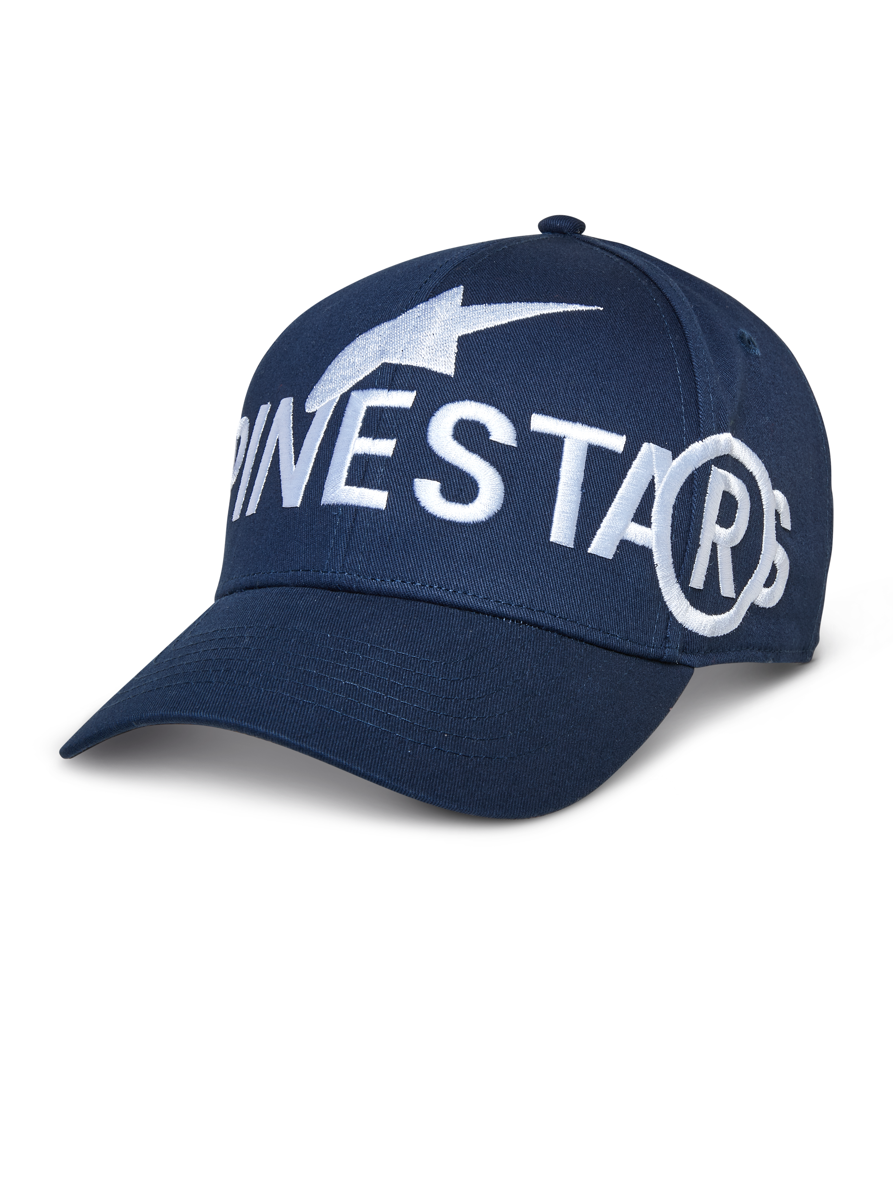 Alpinestars Committed Hat, cappellino da baseball blu navy con grande logo bianco ricamato, visiera curva, corona strutturata, abbigliamento sportivo casual
