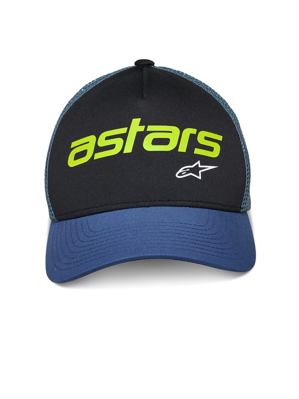Alpinestars Vital Trucker Hat, cappellino trucker casual, nero e blu con retro in rete verde, con scritta 'astars' verde lime e logo A-star bianco, visiera curva e corona strutturata