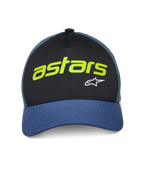 Alpinestars Vital Trucker Hat, cappellino trucker casual, nero e blu con retro in rete verde, con scritta 'astars' verde lime e logo A-star bianco, visiera curva e corona strutturata