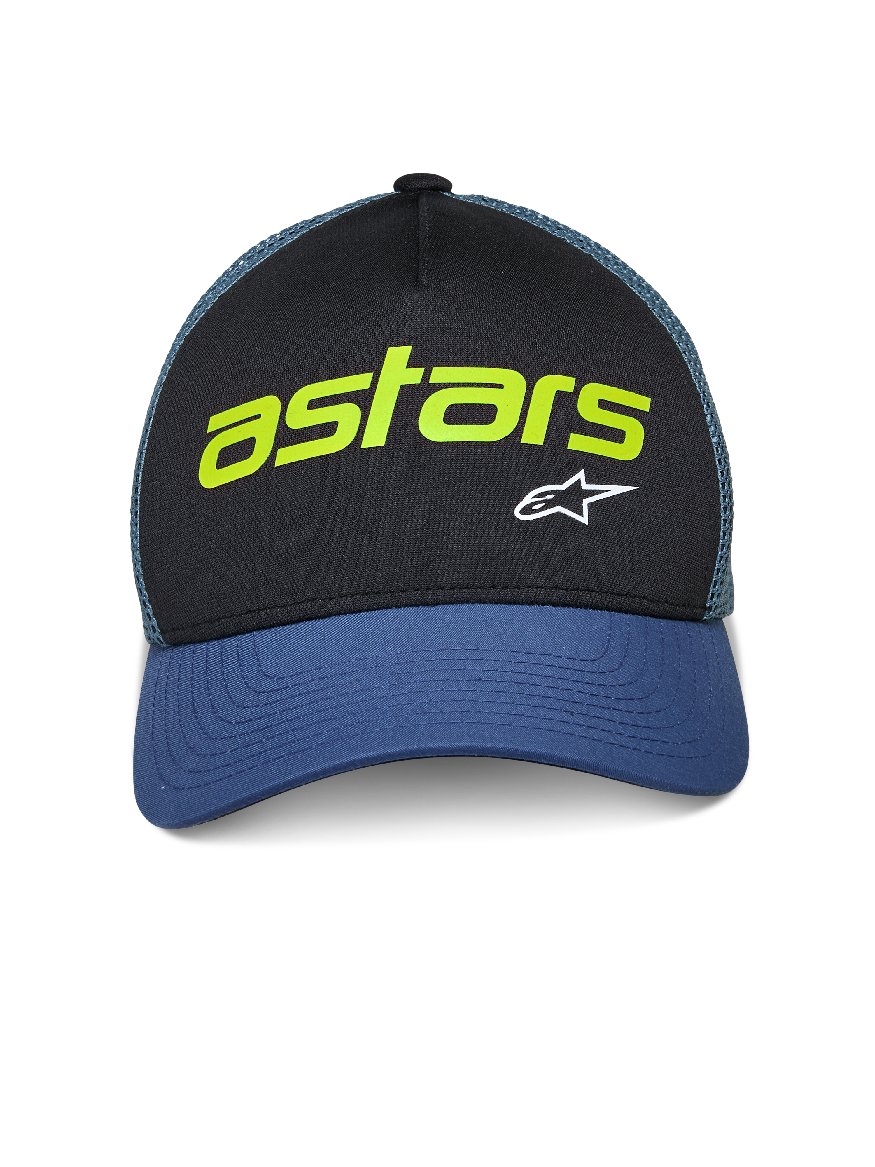 Alpinestars Vital Trucker Hat, cappellino trucker casual, nero e blu con retro in rete verde, con scritta 'astars' verde lime e logo A-star bianco, visiera curva e corona strutturata