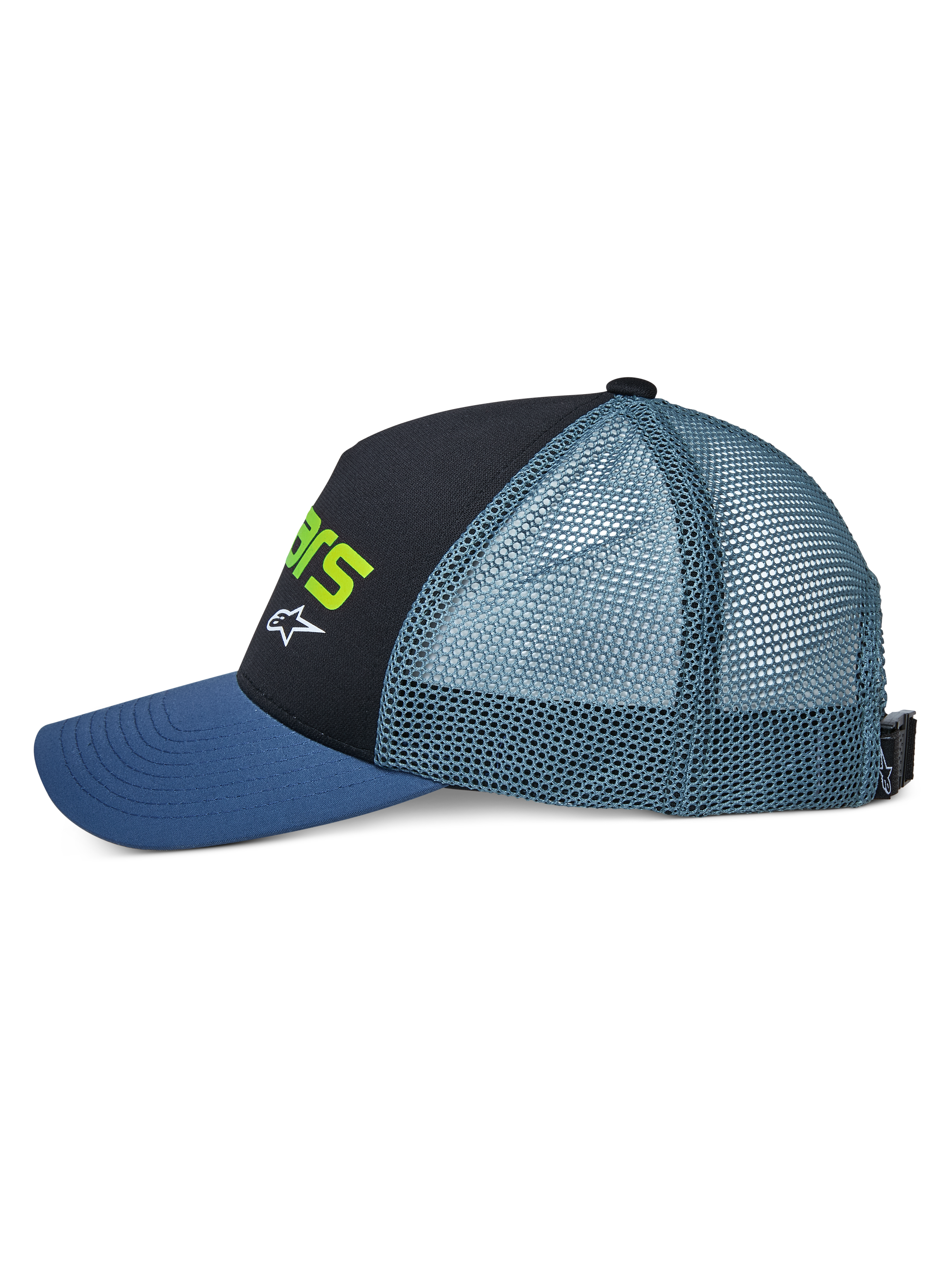 Alpinestars Vital Trucker Hat, vista laterale, con visiera curva blu, pannello frontale strutturato nero con scritta verde lime e logo bianco, retro in rete ottanio e chiusura regolabile con fibbia, copricapo casual da motorsport
