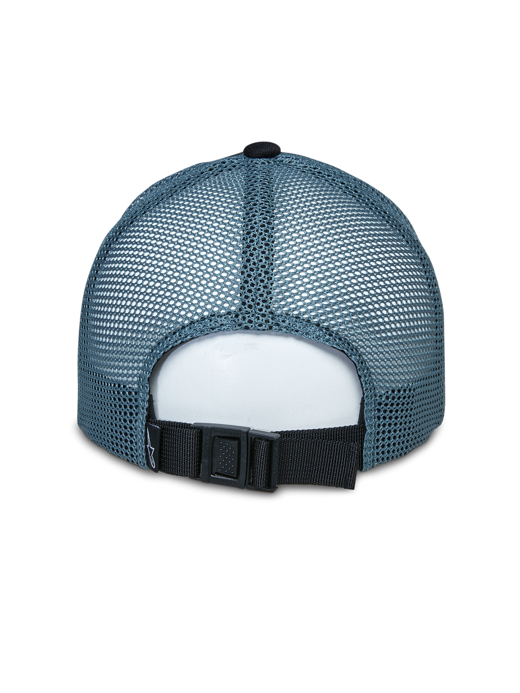 Alpinestars Vital Trucker Hat, vista posteriore, pannelli posteriori in mesh blu, chiusura regolabile con fibbia nera, corona strutturata, copricapo sportivo casual