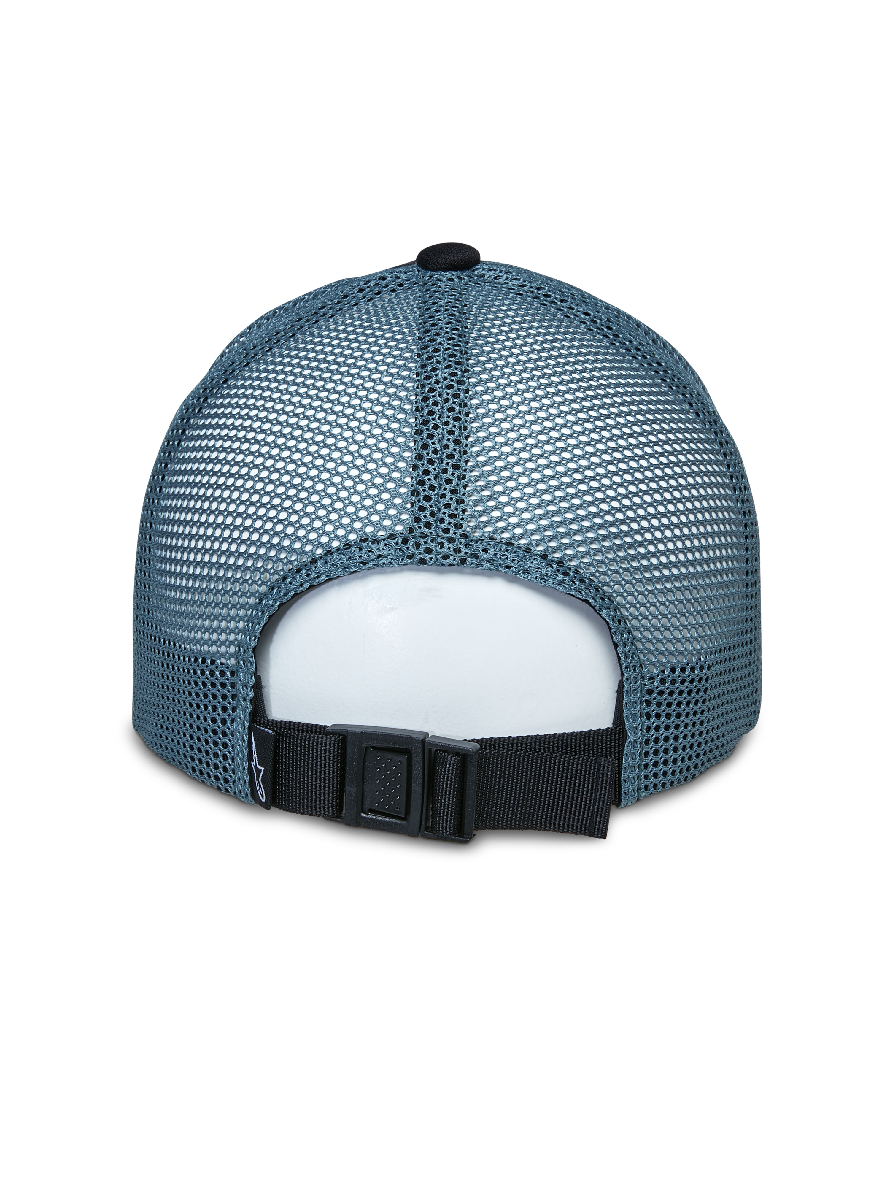 Alpinestars Vital Trucker Hat, vista posteriore, pannelli posteriori in mesh blu, chiusura regolabile con fibbia nera, corona strutturata, copricapo sportivo casual