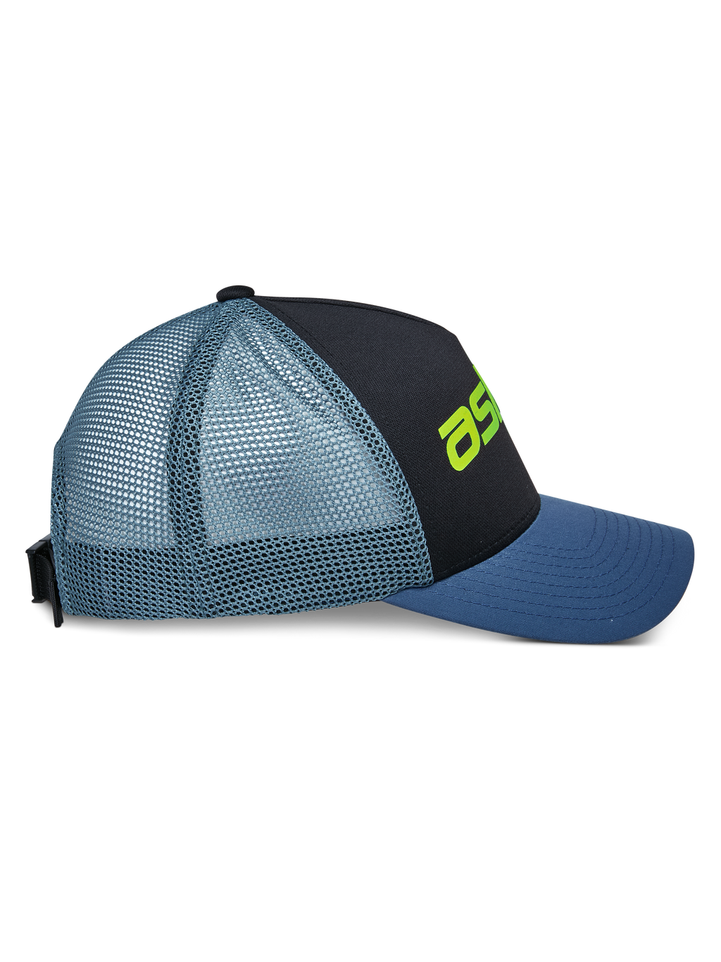 Alpinestars Vital Trucker Hat, vista laterale, pannello frontale nero con visiera curva blu e retro in rete azzurra, dettaglio logo verde lime, corona strutturata, copricapo casual ispirato al motorsport