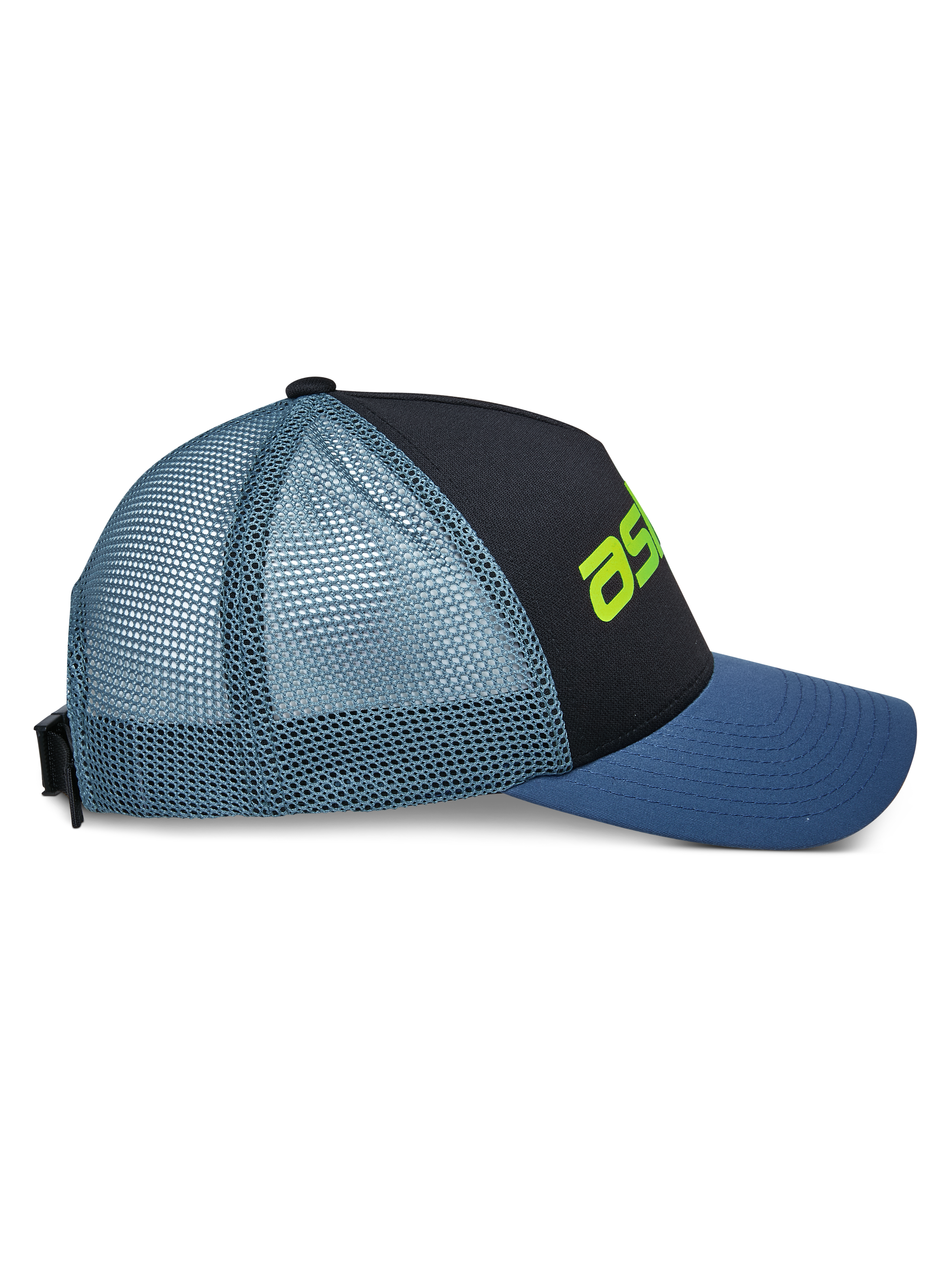 Alpinestars Vital Trucker Hat, vista laterale, pannello frontale nero con visiera curva blu e retro in rete azzurra, dettaglio logo verde lime, corona strutturata, copricapo casual ispirato al motorsport