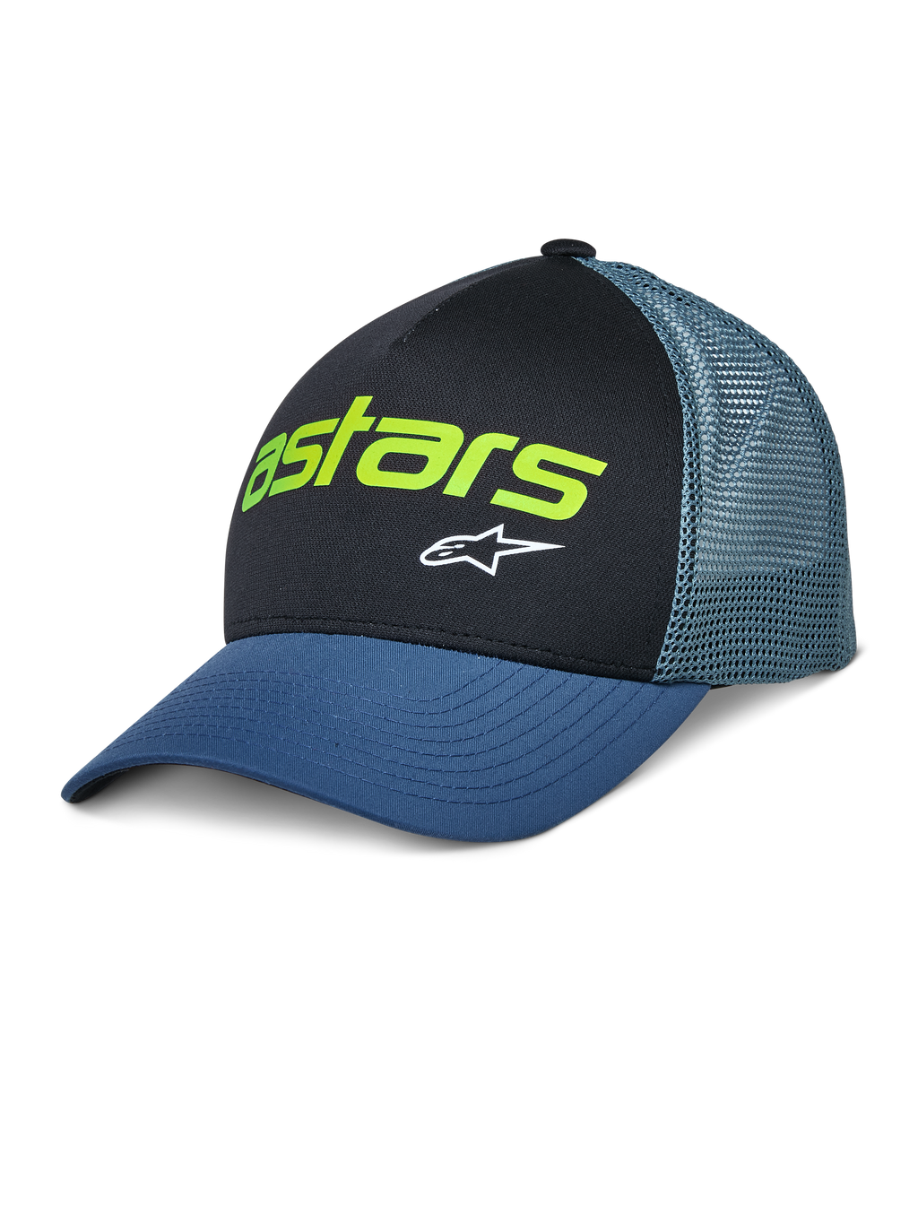 Alpinestars Vital Trucker Hat, cappellino trucker casual, nero e blu, logo Astars verde lime e stella bianca, corona strutturata, visiera curva, retro in rete ventilata