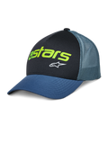 Alpinestars Vital Trucker Hat, cappellino trucker casual, nero e blu, logo Astars verde lime e stella bianca, corona strutturata, visiera curva, retro in rete ventilata