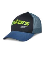 Alpinestars Vital Trucker Hat, cappellino trucker casual, nero e blu, logo Astars verde lime e stella bianca, corona strutturata, visiera curva, retro in rete ventilata