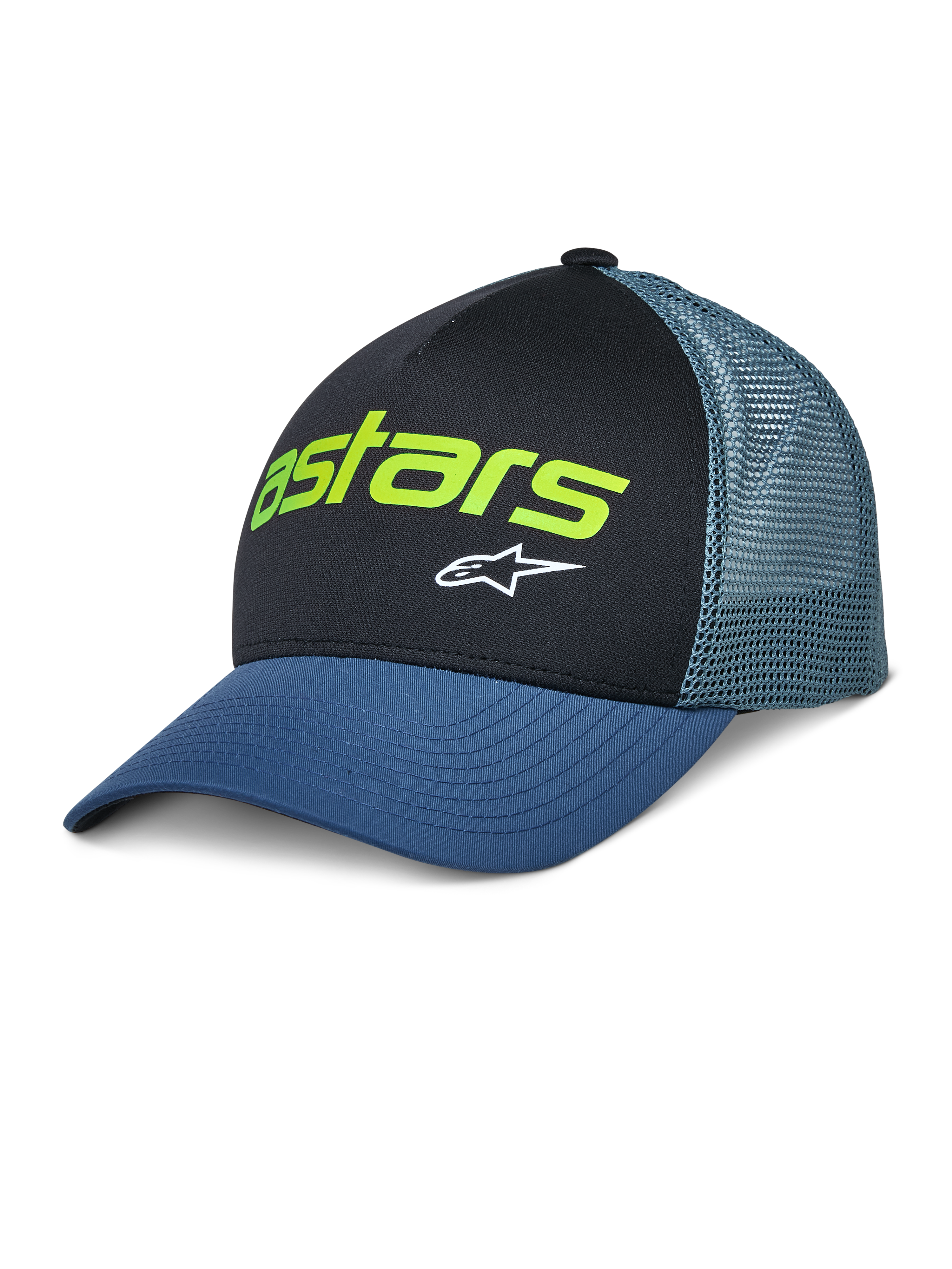 Alpinestars Vital Trucker Hat, cappellino trucker casual, nero e blu, logo Astars verde lime e stella bianca, corona strutturata, visiera curva, retro in rete ventilata