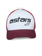 Alpinestars Vital Trucker Hat, cappello trucker, bianco, bordeaux e arancione, con pannello frontale bianco e marchio 'astars' nero, visiera curva bordeaux e rete arancione, copricapo casual ispirato al motorsport