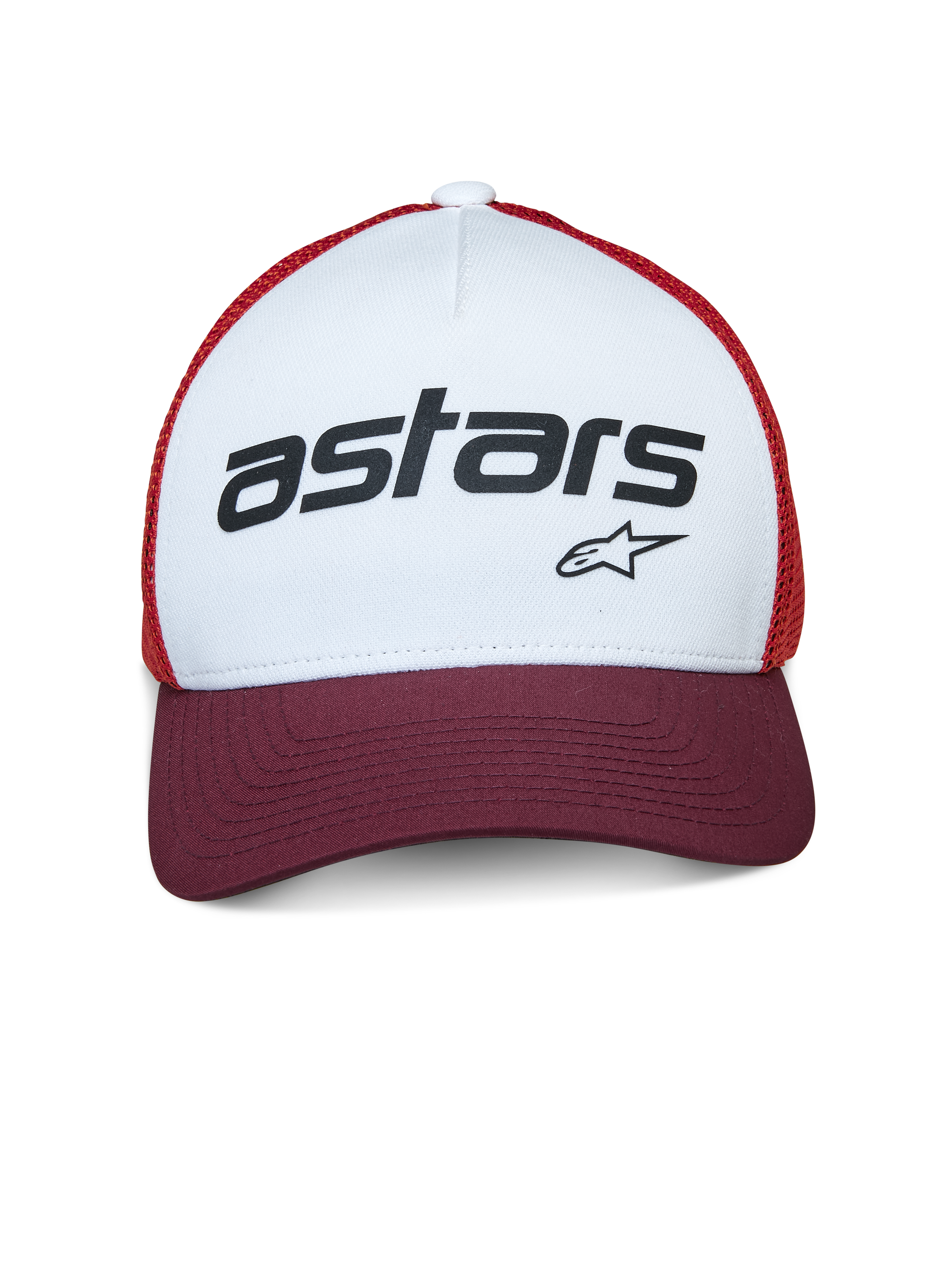 Alpinestars Vital Trucker Hat, cappello trucker, bianco, bordeaux e arancione, con pannello frontale bianco e marchio 'astars' nero, visiera curva bordeaux e rete arancione, copricapo casual ispirato al motorsport