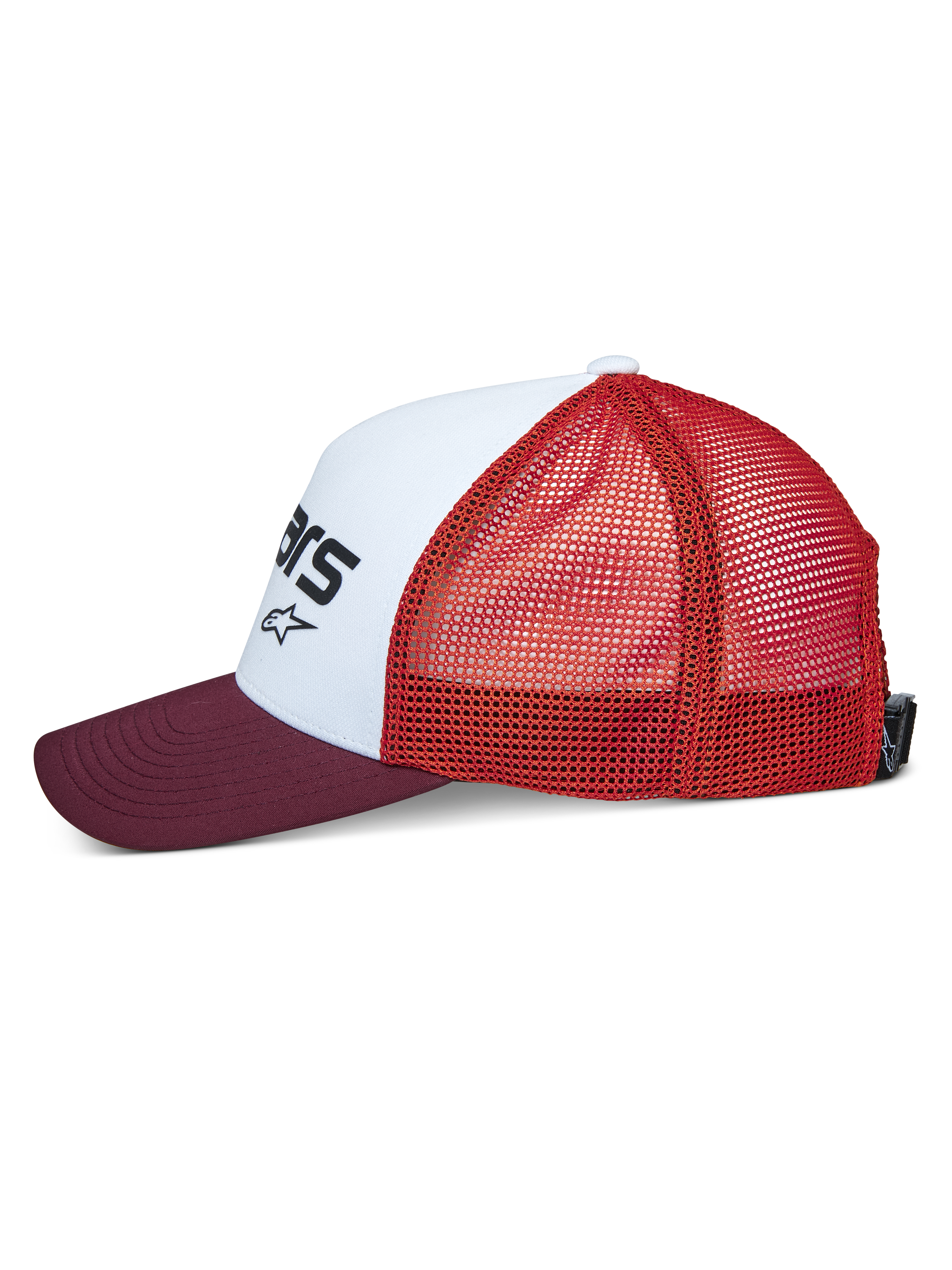 Cappello Trucker Alpinestars Vital, vista laterale, pannello frontale strutturato bianco con logo nero, visiera curva bordeaux, retro in rete arancione, accessorio sportswear casual