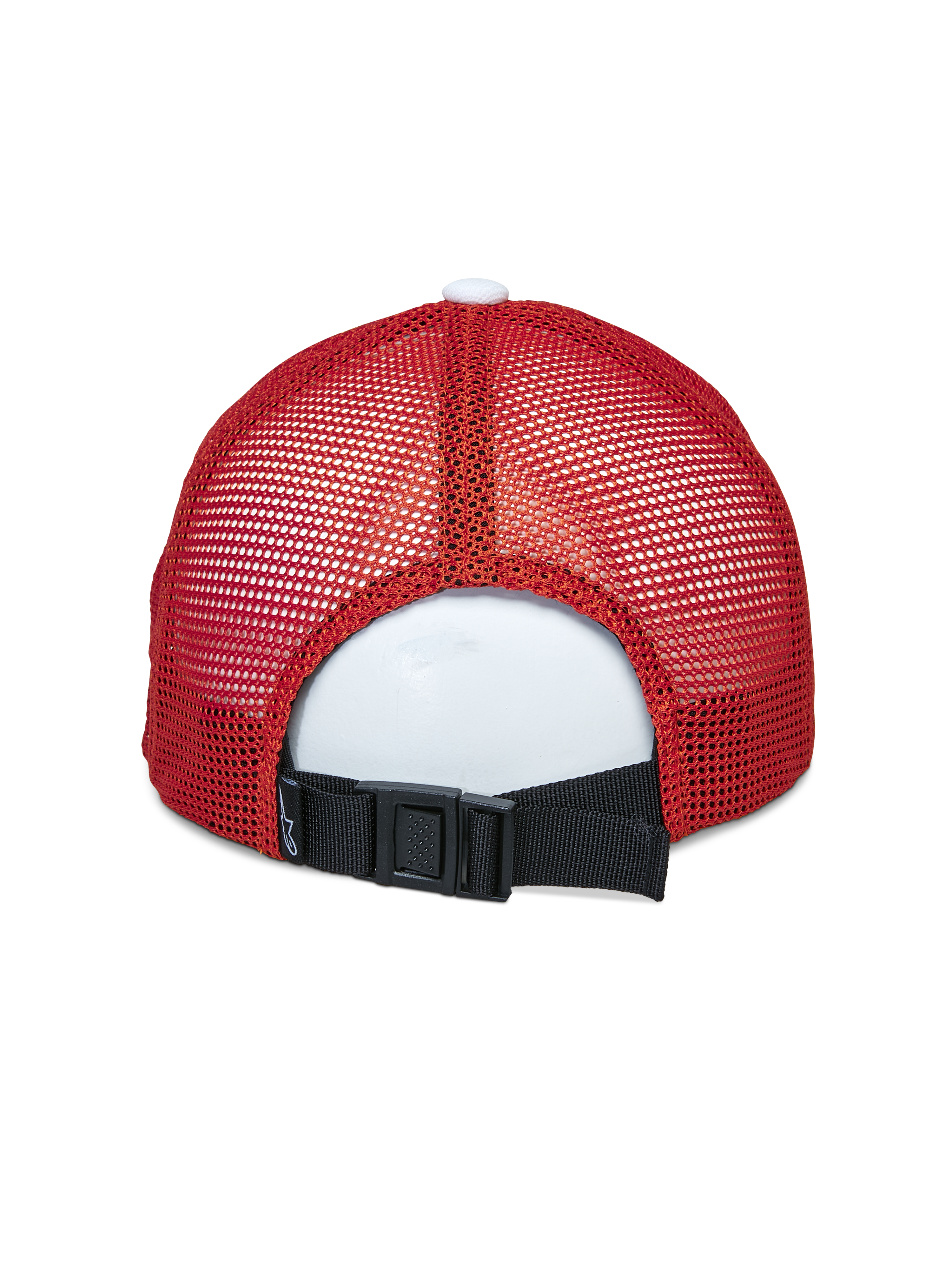 Alpinestars Vital Trucker Hat, vista posteriore, bianco bordeaux arancione, con pannelli in mesh rossa e chiusura posteriore regolabile con fibbia nera, cappello sportswear casual