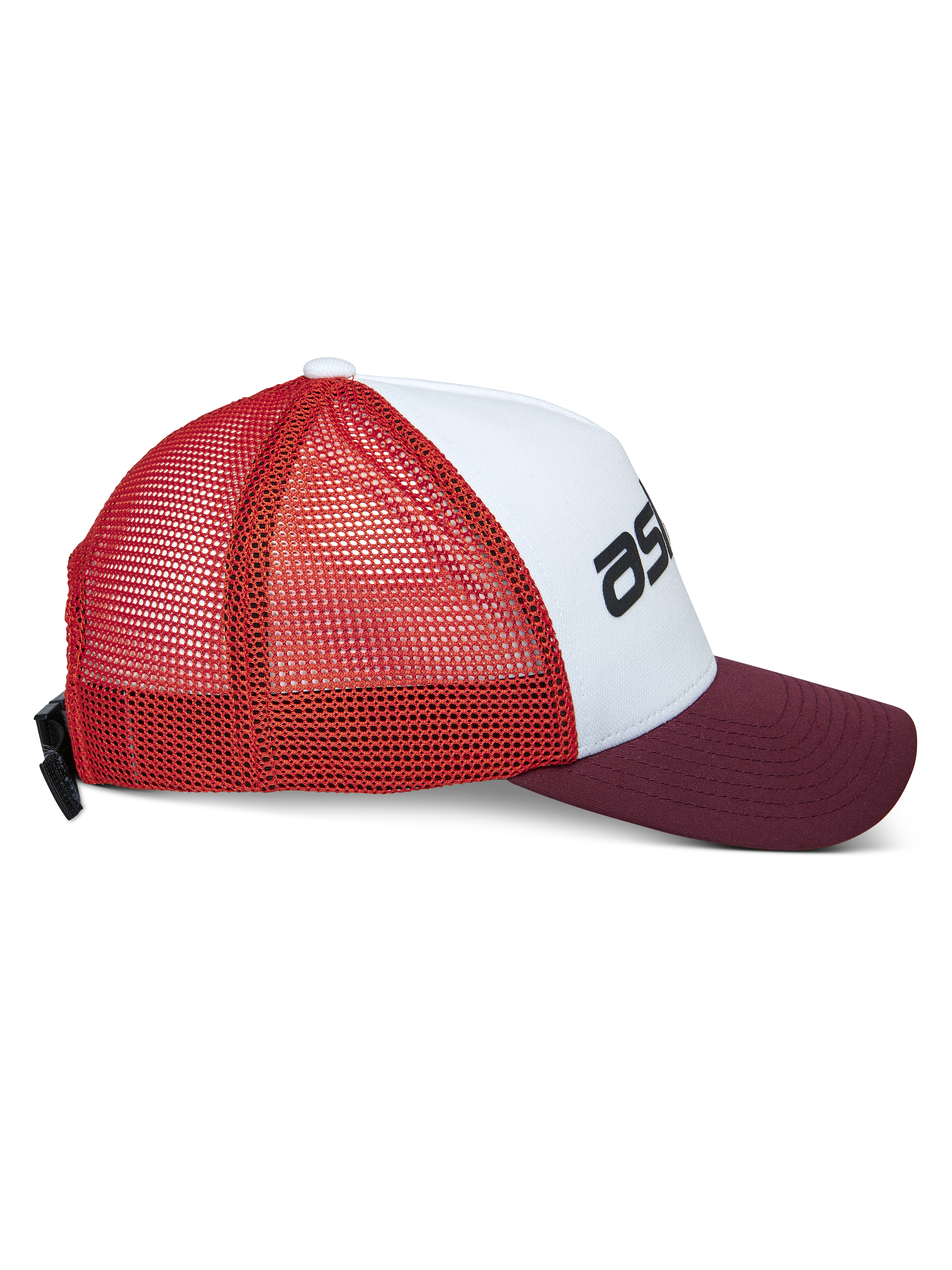 Alpinestars Vital Trucker Hat, cappello trucker casual, bianco, bordeaux e arancione, vista di profilo con visiera curva e retro in rete, chiusura regolabile con fibbia, corona strutturata con logo nero