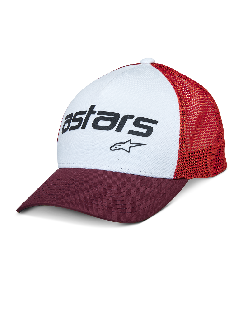 Alpinestars Vital Trucker Hat, pannello frontale bianco con visiera curva bordeaux e retro in rete rossa, logo testuale Astars nero, cappellino trucker strutturato casual con visiera curva