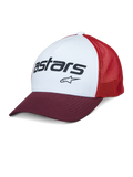 Alpinestars Vital Trucker Hat, pannello frontale bianco con visiera curva bordeaux e retro in rete rossa, logo testuale Astars nero, cappellino trucker strutturato casual con visiera curva