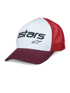 Alpinestars Vital Trucker Hat, pannello frontale bianco con visiera curva bordeaux e retro in rete rossa, logo testuale Astars nero, cappellino trucker strutturato casual con visiera curva