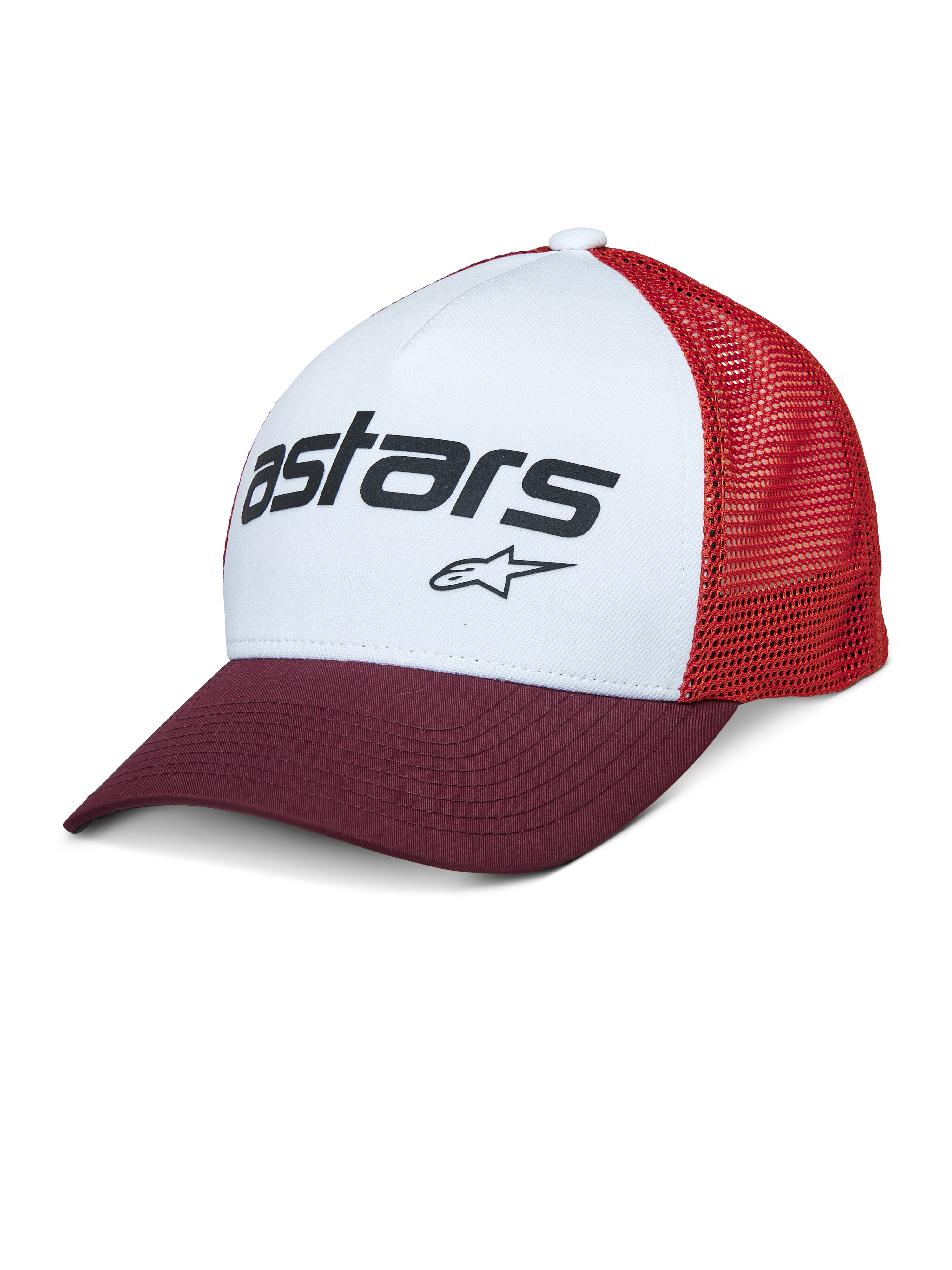 Alpinestars Vital Trucker Hat, pannello frontale bianco con visiera curva bordeaux e retro in rete rossa, logo testuale Astars nero, cappellino trucker strutturato casual con visiera curva