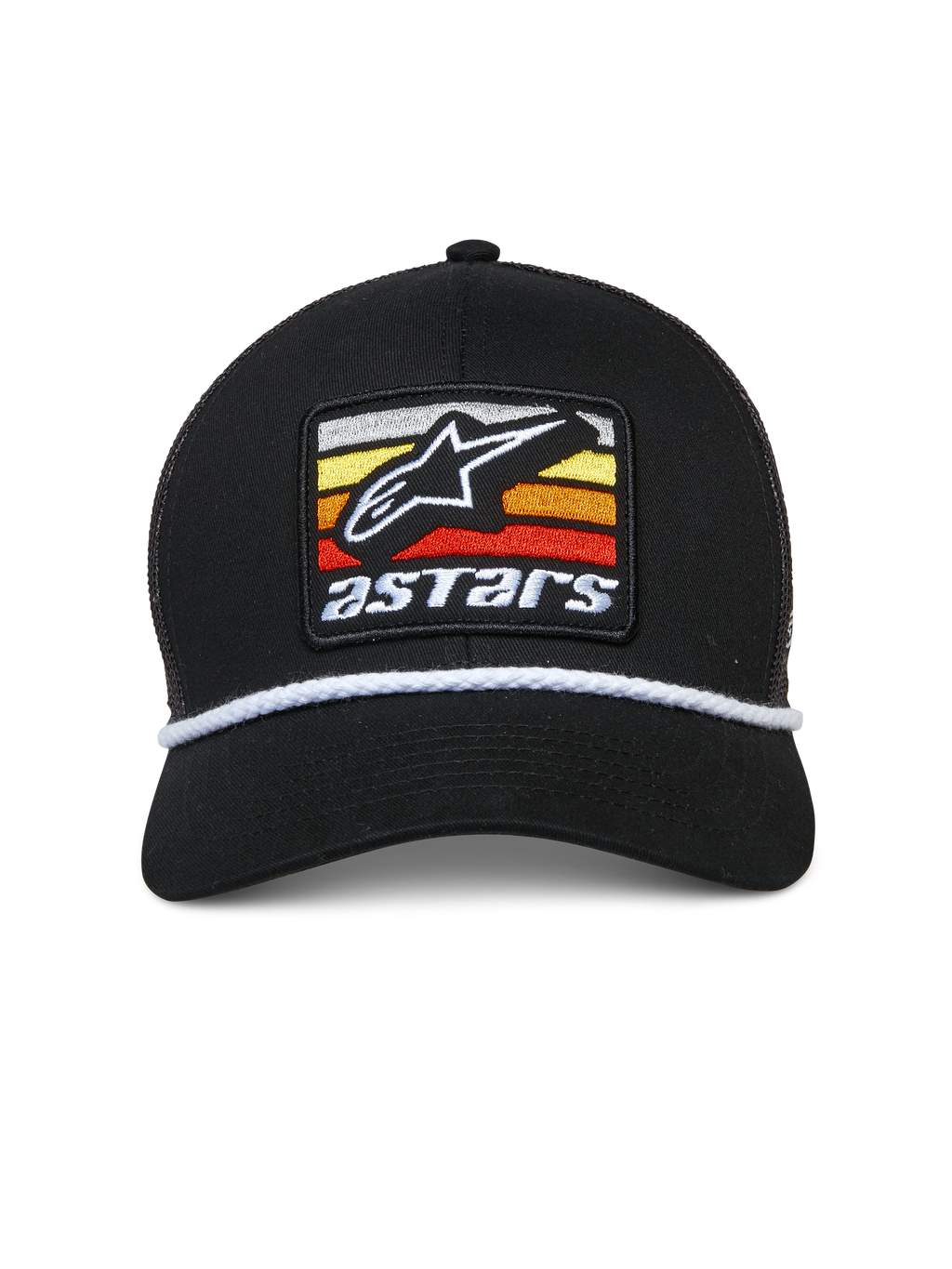 Cappello Trucker Alpinestars Selica, nero, patch ricamata frontale con logo Astars bianco e strisce multicolore, rifinitura in corda intrecciata bianca, visiera curva, corona strutturata, streetwear casual ispirato al motorsport