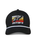 Cappello Trucker Alpinestars Selica, nero, patch ricamata frontale con logo Astars bianco e strisce multicolore, rifinitura in corda intrecciata bianca, visiera curva, corona strutturata, streetwear casual ispirato al motorsport