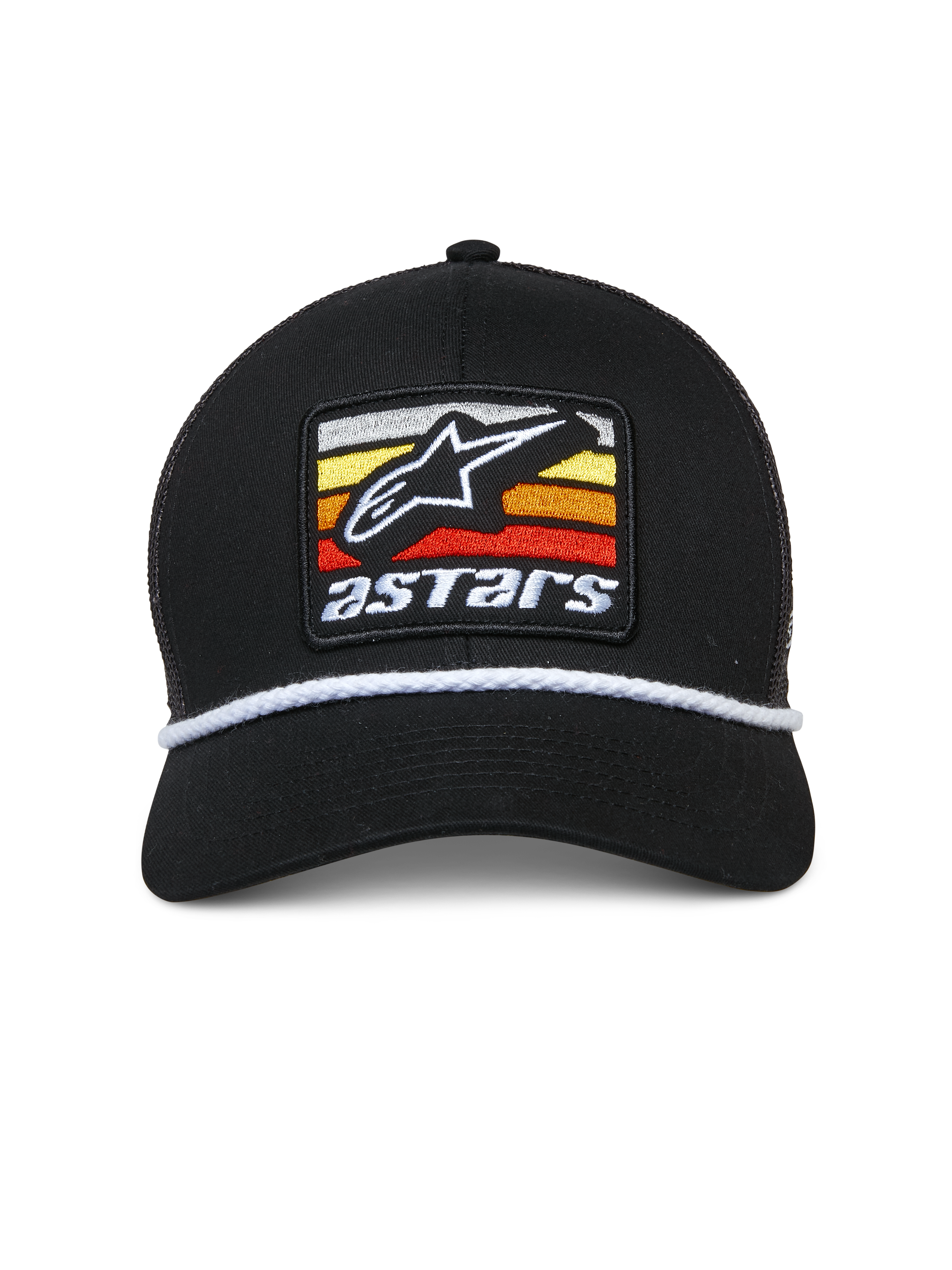 Cappello Trucker Alpinestars Selica, nero, patch ricamata frontale con logo Astars bianco e strisce multicolore, rifinitura in corda intrecciata bianca, visiera curva, corona strutturata, streetwear casual ispirato al motorsport