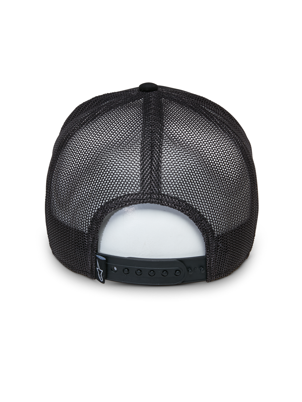 Cappello Trucker Alpinestars Selica, nero, vista posteriore con pannelli in mesh traspirante e chiusura snapback regolabile, piccola etichetta con logo in tessuto, design trucker classico strutturato per abbigliamento casual