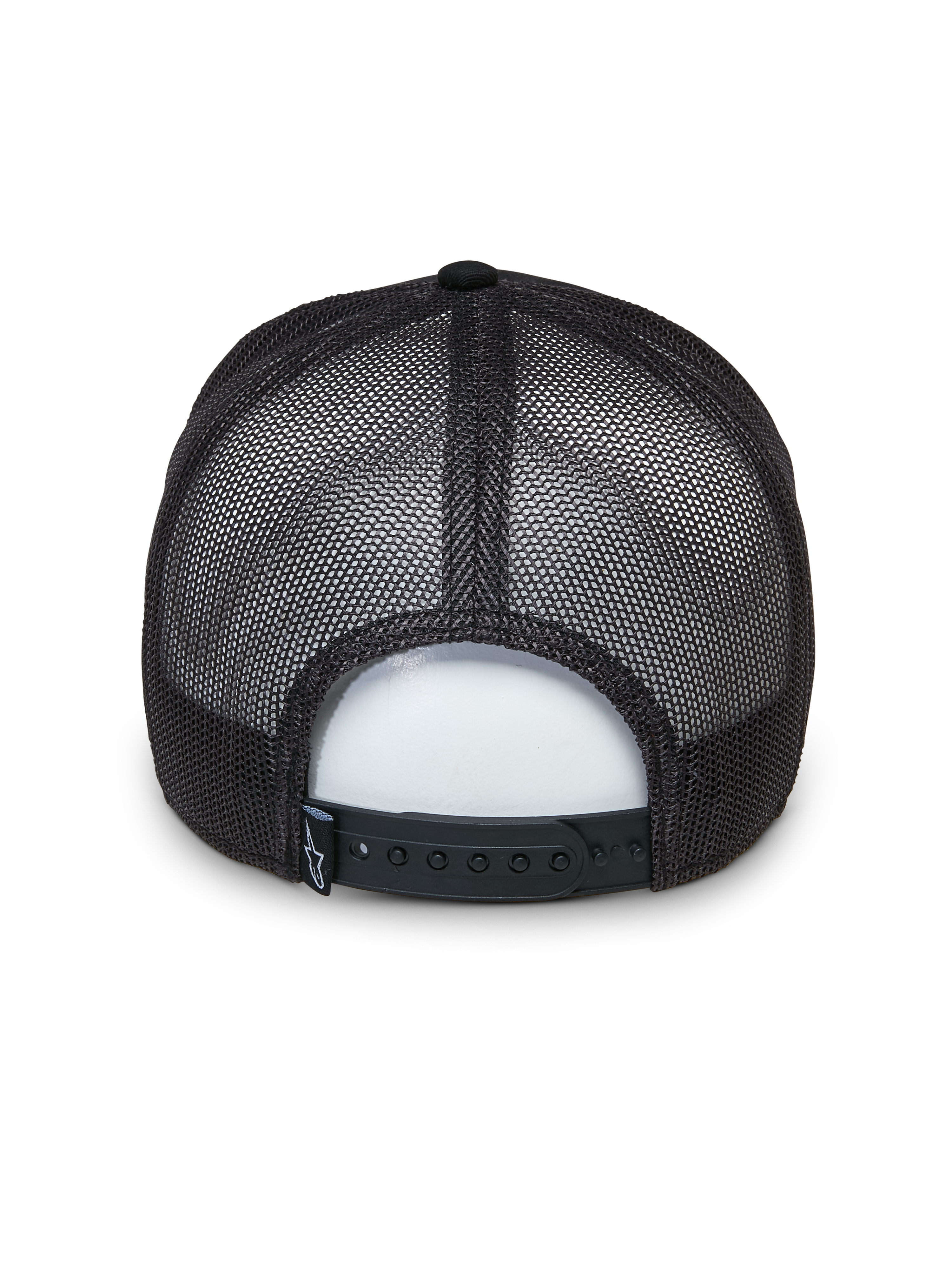 Cappello Trucker Alpinestars Selica, nero, vista posteriore con pannelli in mesh traspirante e chiusura snapback regolabile, piccola etichetta con logo in tessuto, design trucker classico strutturato per abbigliamento casual