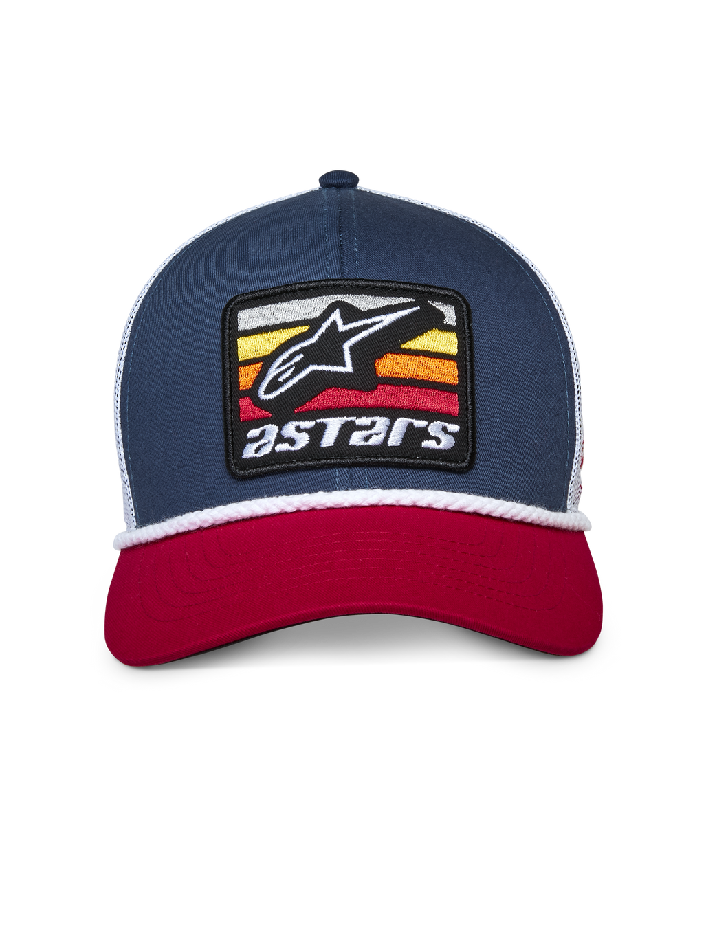 Cappello Alpinestars Selica Trucker, blu navy, rosso e bianco, visiera curva rossa, corona strutturata blu navy con retro in mesh bianco, patch logo Astars ricamato frontalmente con rifinitura in corda bianca intrecciata