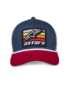 Cappello Alpinestars Selica Trucker, blu navy, rosso e bianco, visiera curva rossa, corona strutturata blu navy con retro in mesh bianco, patch logo Astars ricamato frontalmente con rifinitura in corda bianca intrecciata