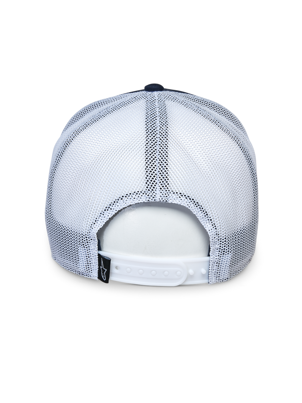Cappello Alpinestars Selica Trucker, vista posteriore, blu navy e bianco, pannelli in mesh bianco e chiusura snap-back regolabile, piccola etichetta nera con logo, copricapo casual da motorsport